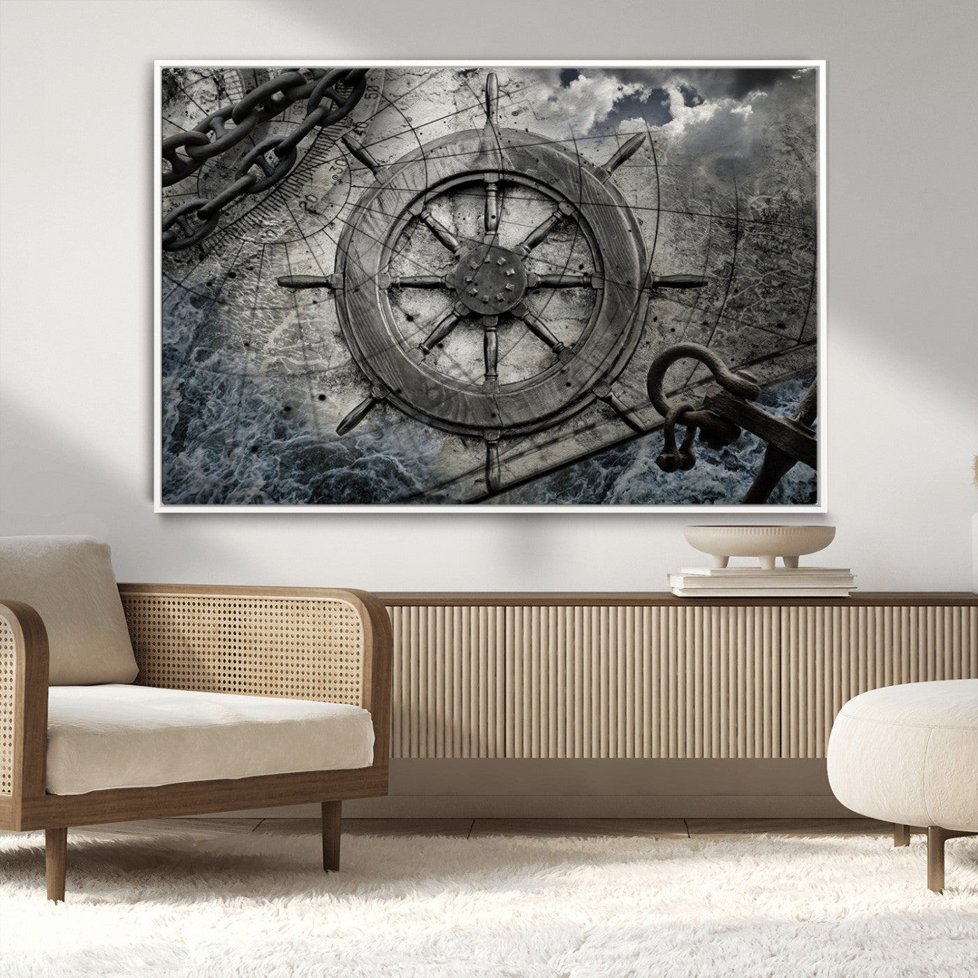 -Ship Steering Wheel Vintage Wall Art Canvas Print