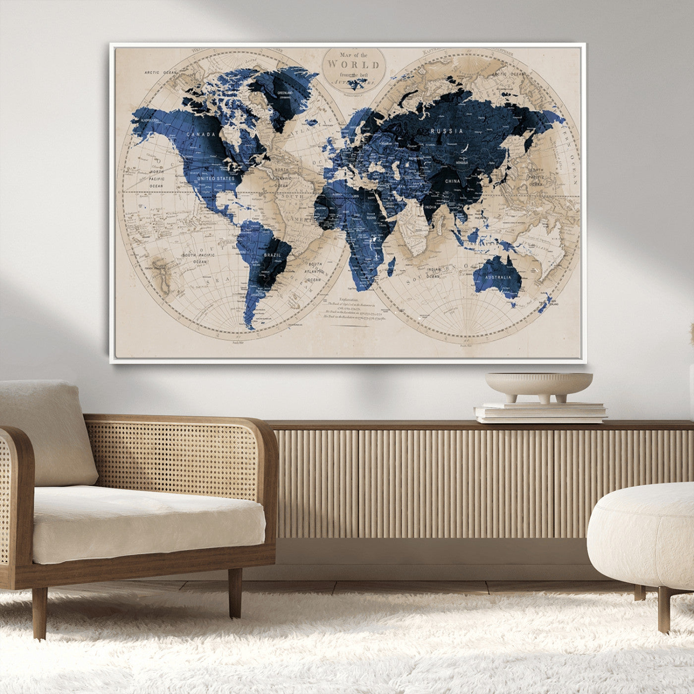 -Vintage Blue World Map Canvas Wall Art – Antique Style Framed Map Print, Elegant Travel Decor for Home Office or Study