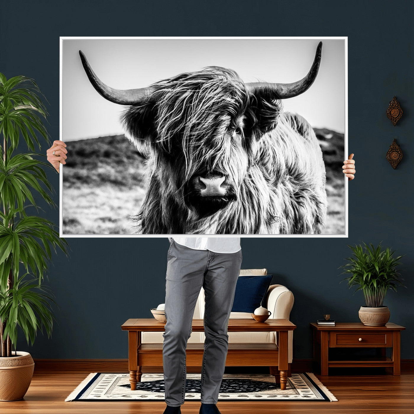 54309-MGV-CV-36X24 - Black and White Scottish Cow Canvas Wall Art Highland Cattle Canvas Print Framed Ready to Hang Original Cotton Canvas High Quality Image Multi Panel Wall Art Printable Artwork for Walls