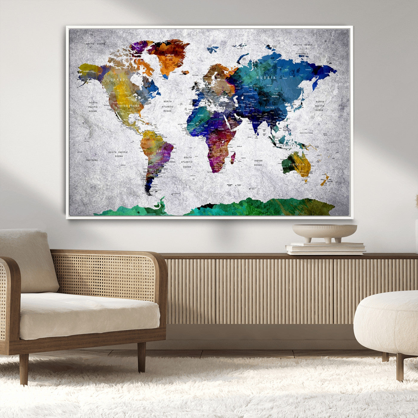 26840-MGV-CV-36X24-Push Pin World Map Canvas Print – Framed Travel Tracker Wall Art for Couples, Anniversary Gift and Modern Home Decor