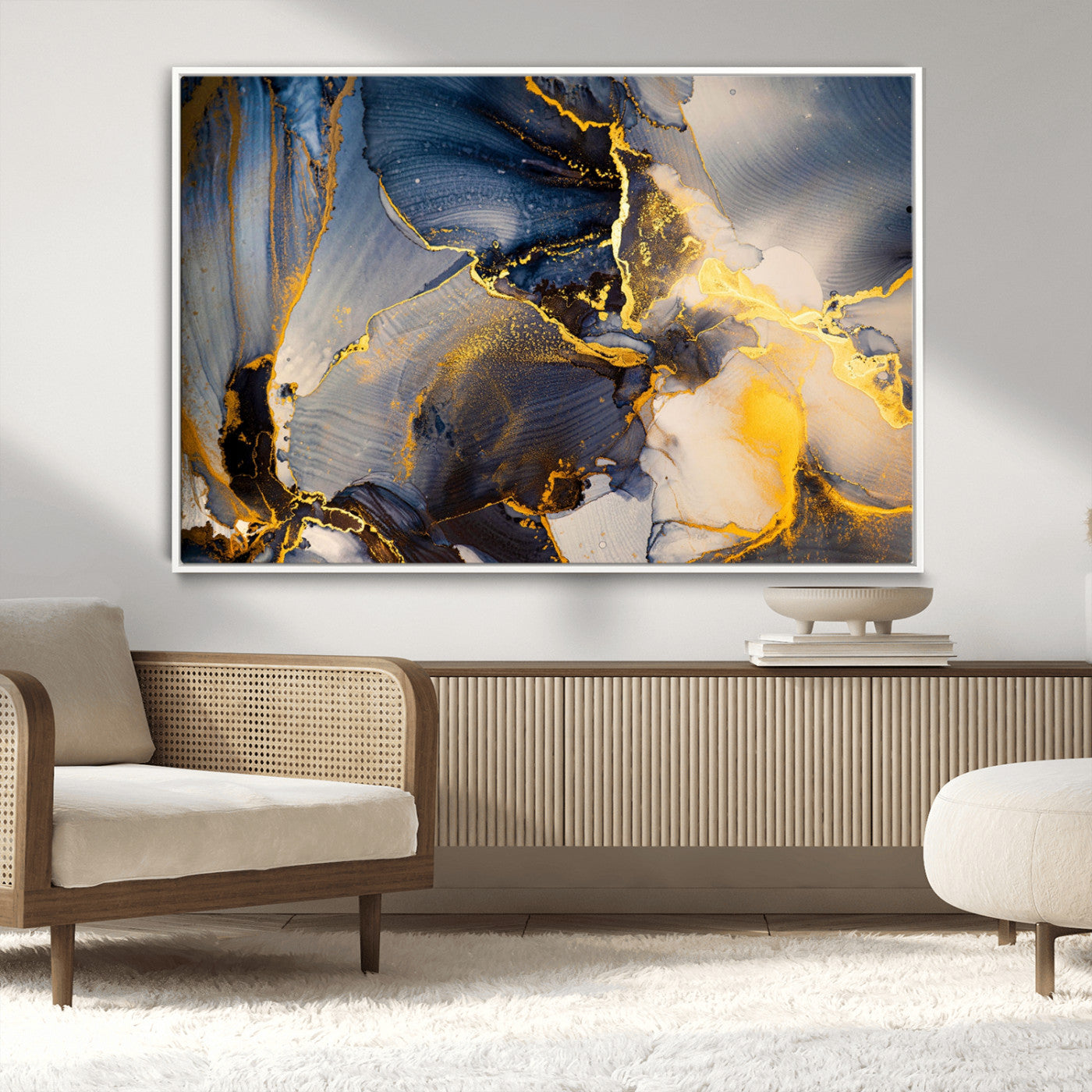 42100-MGV-CV-36X24-Large Abstract Wall Art Print - Gold and Blue Abstract Canvas Wall Art | Fluid Ink Modern Luxury