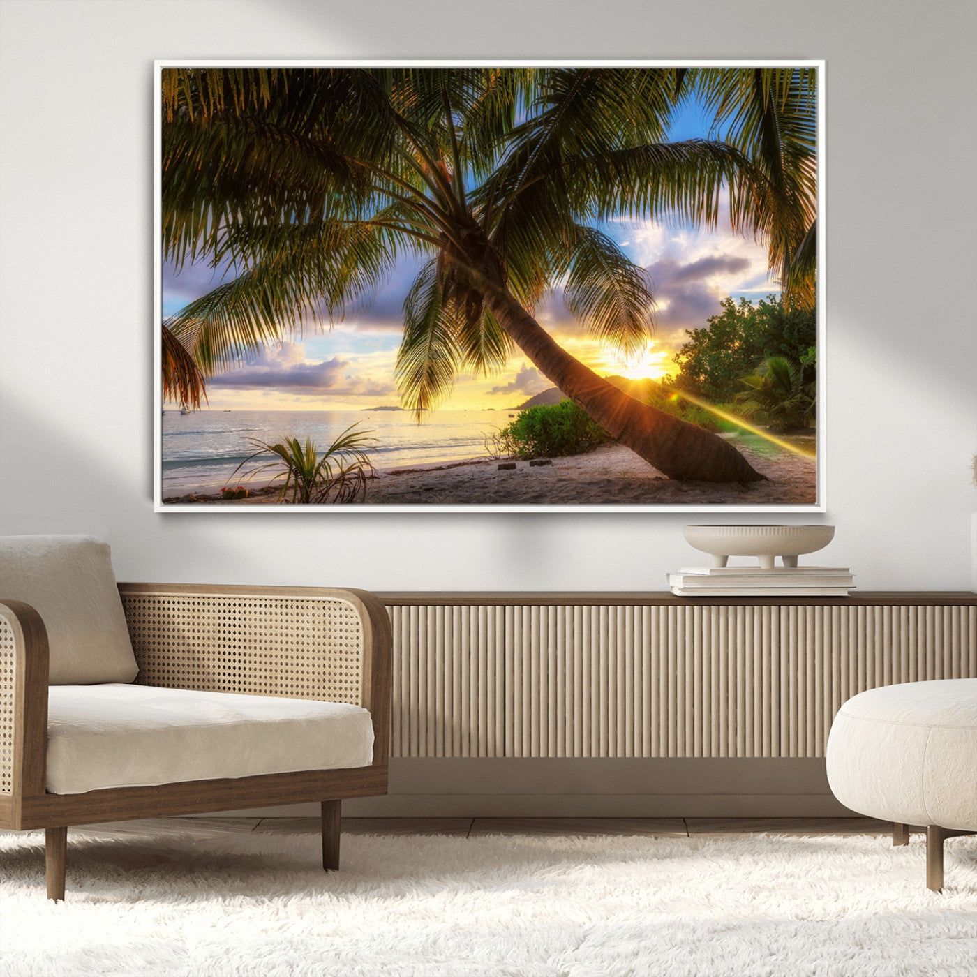 -Tropical Island Sunset on the Beach Palms Wall Art Canvas Print