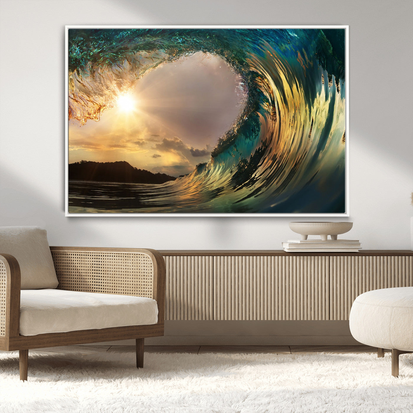-Golden Wave Sunset Canvas Print – Large Coastal Wall Art for Nature Lovers, Captivating Ocean Wave