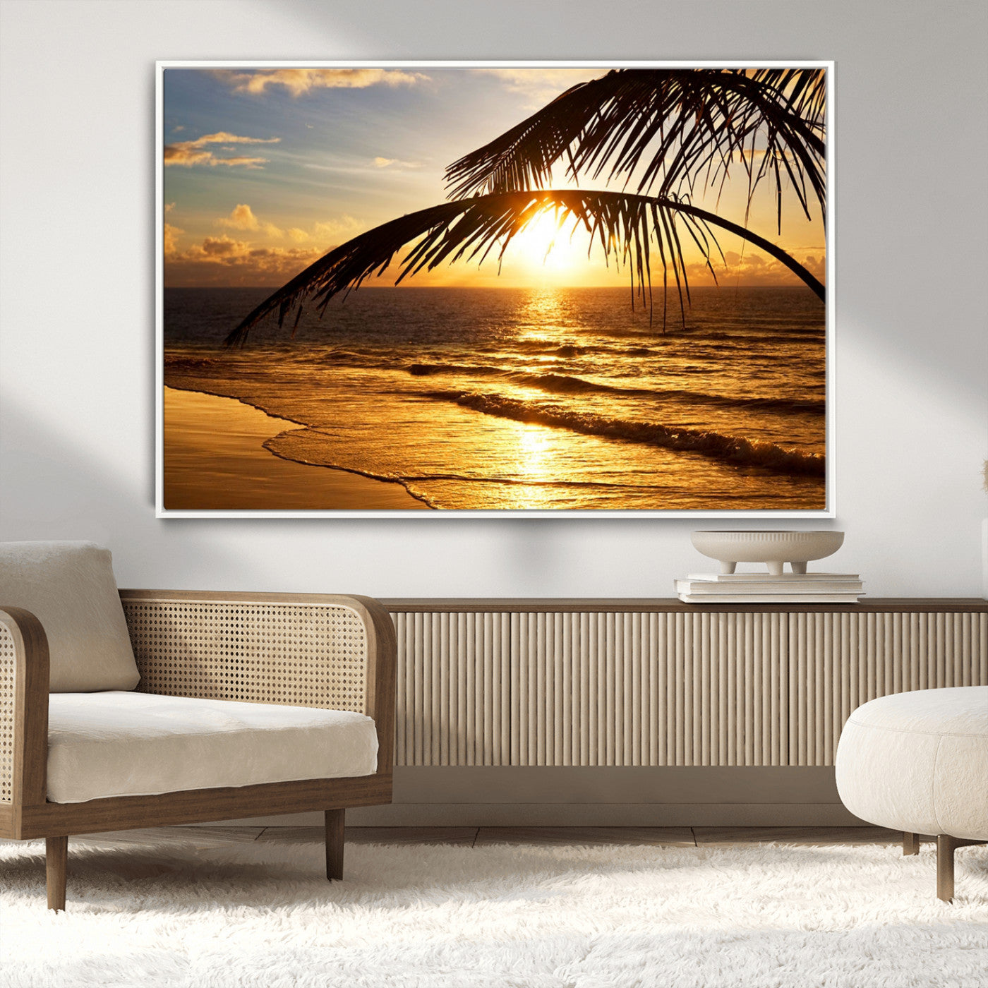 -Golden Tropical Beach Sunset Canvas Triptych, Coastal Palm Tree Wall Art, Ocean Shoreline Giclee