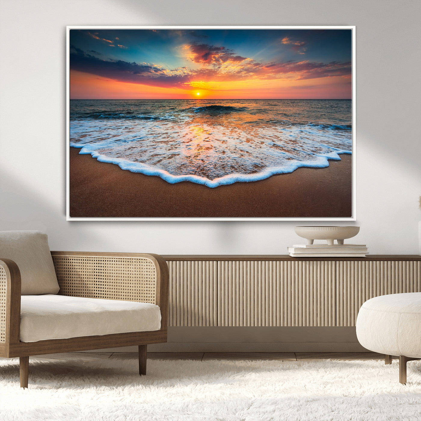 -Sunset Beach Canvas Wall Art – Colorful Ocean Waves Triptych – Coastal Decor for Living Room or