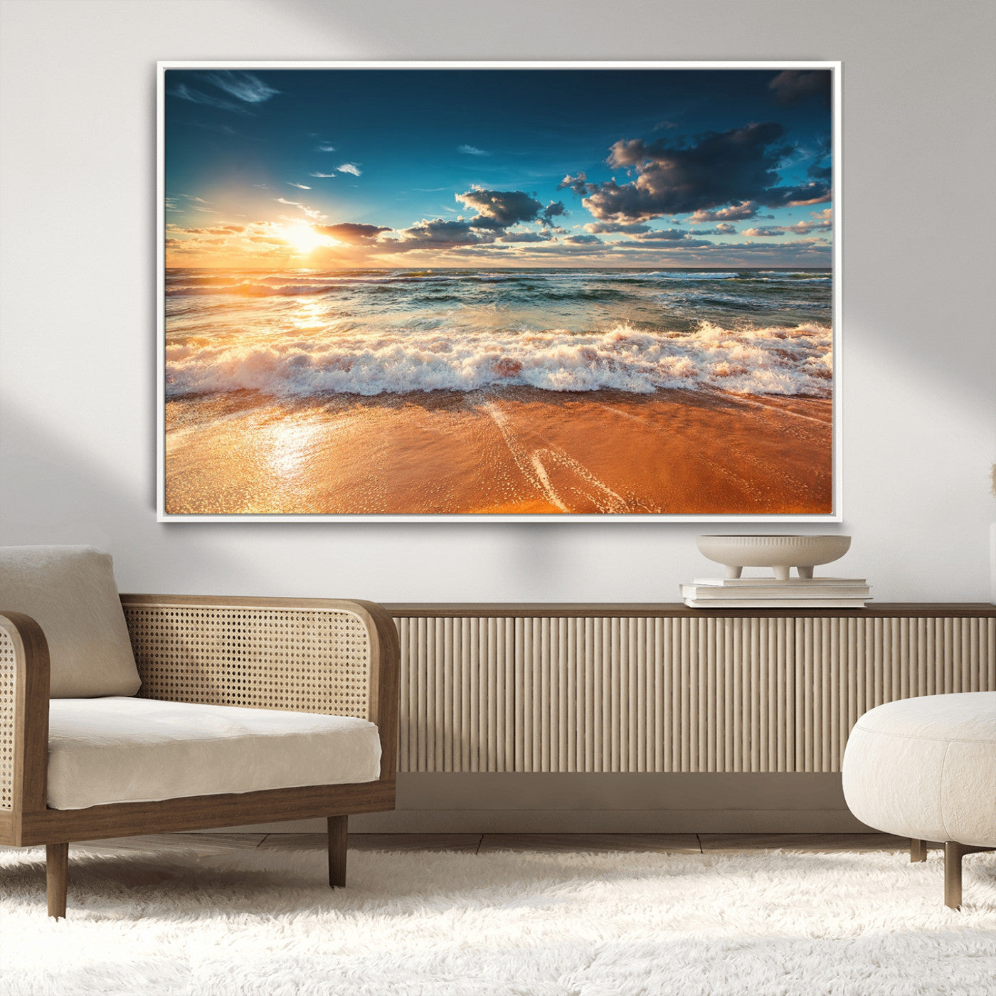 -Golden Sunset Beach Triptych Canvas Art, Giclee Coastal Wall Decor, Ocean Waves Print, Modern Beach
