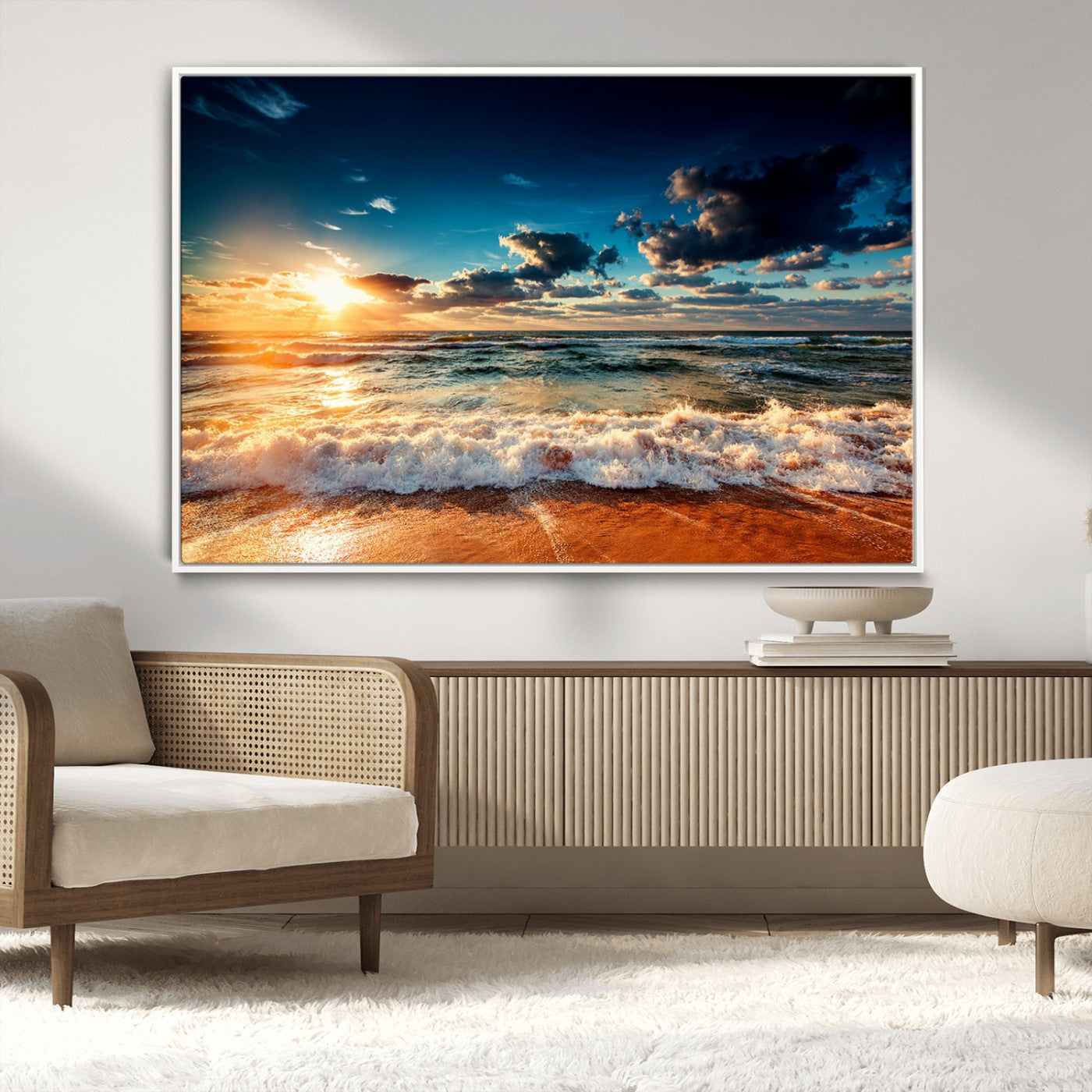 -Golden Hour Sunset Over Ocean Waves Wall Art Canvas Print | 3 Panel Coastal Landscape Canvas Wall