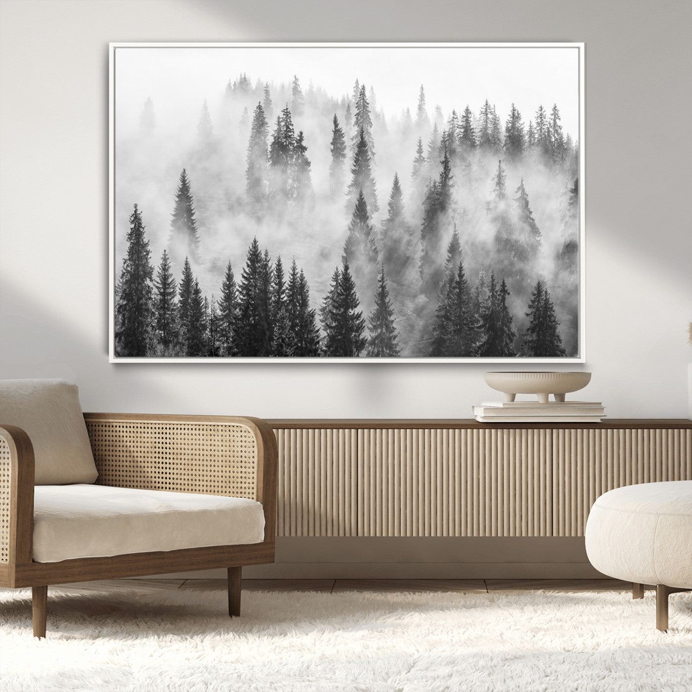 -Forest Wall Art Print | Foggy Pine Forest Canvas Wall Art - Black and White Nature Decor for Living Room, Office
