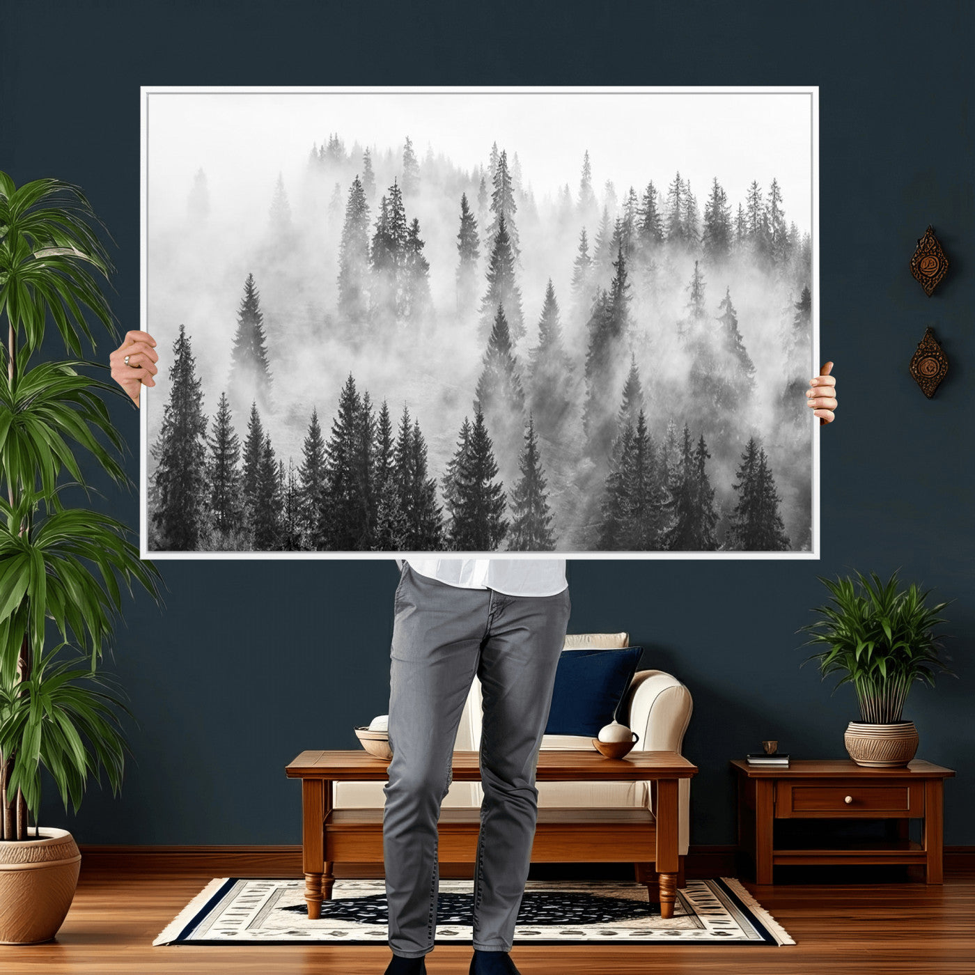 10422-MGV-CV-36X24 - Forest Wall Art Print | Foggy Pine Forest Canvas Wall Art - Black and White Nature Decor for Living