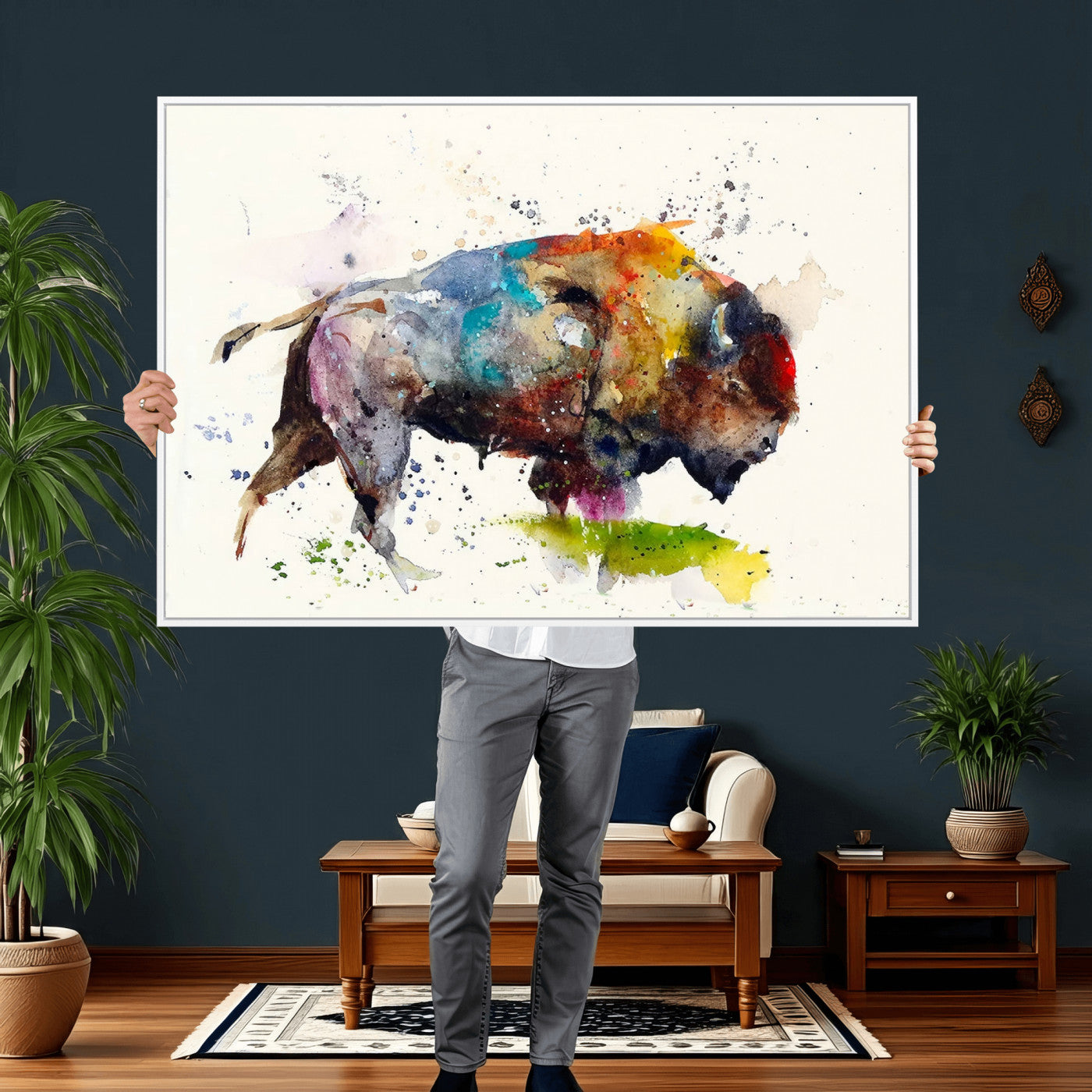 44504-MGV-CV-36X24 - Abstract Buffalo Wall Art, Western Watercolor Bison Canvas Print, Rustic Buffalo Art for Cowboy and