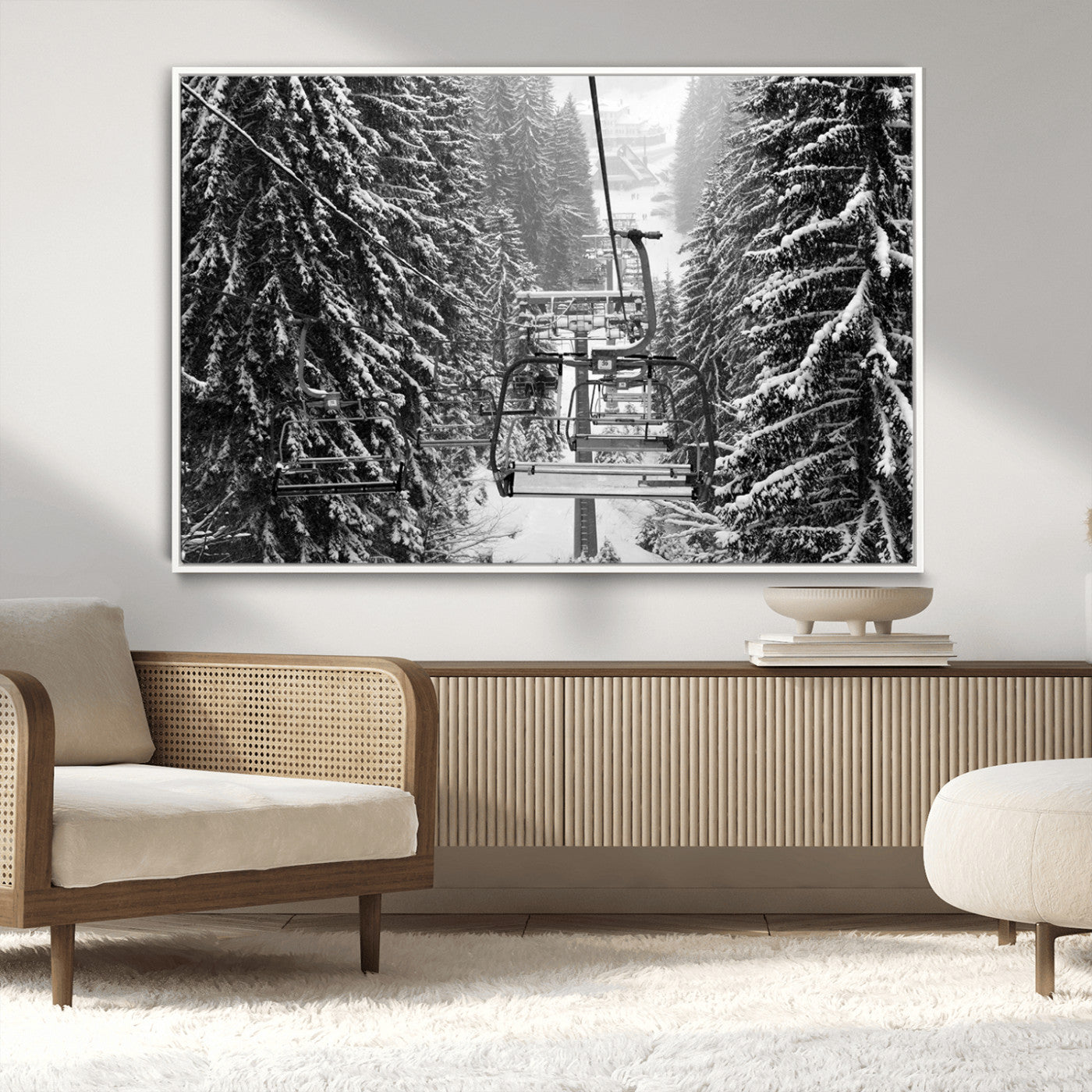 -Winter Ski Lift Black and White Canvas Wall Art – Alpine Escape in Minimalist Style – Winter Ski