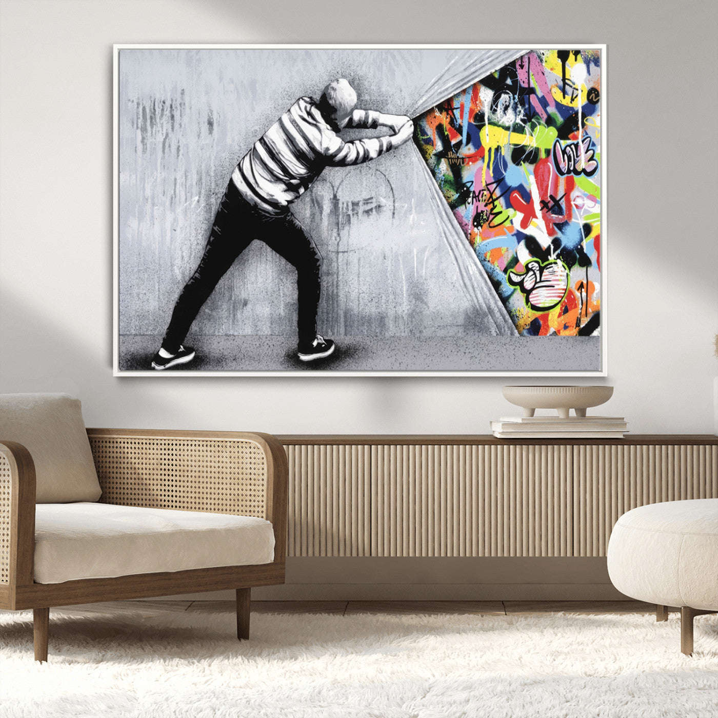 52252-MGV-CV-36X24-Banksy Art Behind the Curtain Street Wall Art Canvas Print | 3-Panel Urban Graffiti-Inspired Wall