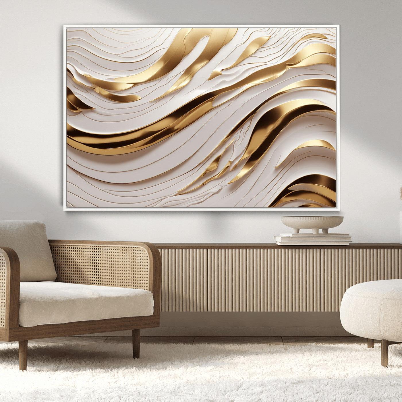 81197-MGV-CV-36X24-Gold and White Abstract Wave Canvas – Elegant Flowing Design with Luxurious Golden Accents –