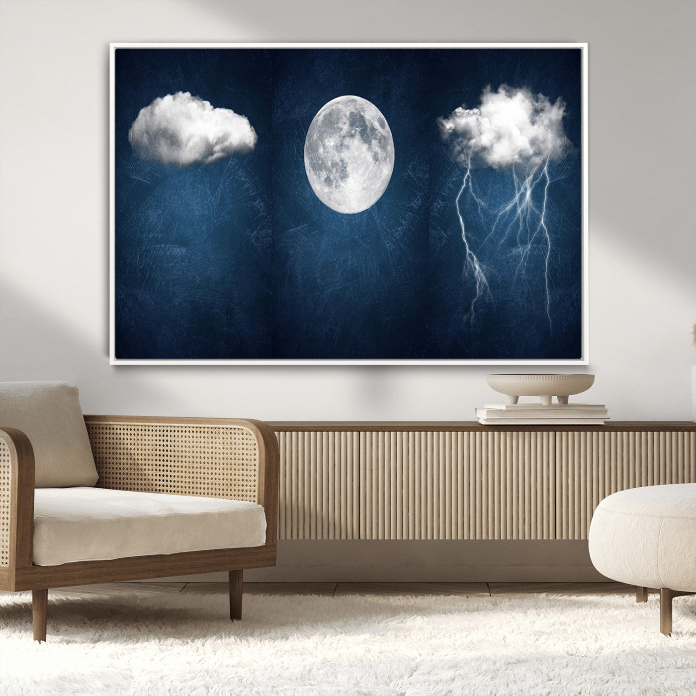 96569-MGV-CV-36X24-Dark Blue Cloud Art, 3 Piece Indigo Blue Wall Art, Aesthetic Surreal Art, Thunderstorm Moon Cloud