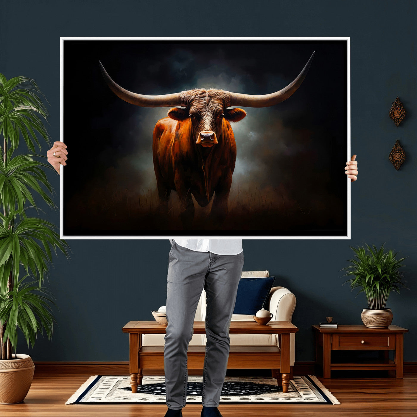 48896-MGV-CV-36X24 - Abstract Texas Longhorn Wall Art Print | 3-Panel Large Texas Longhorn Canvas Print for Living Room,