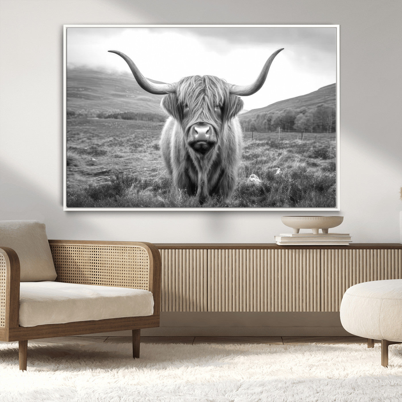 -Black White Scottish Highland Cow Canvas Farm Wall Art Canvas Print Rustic Animal Art for Home, Office Decor