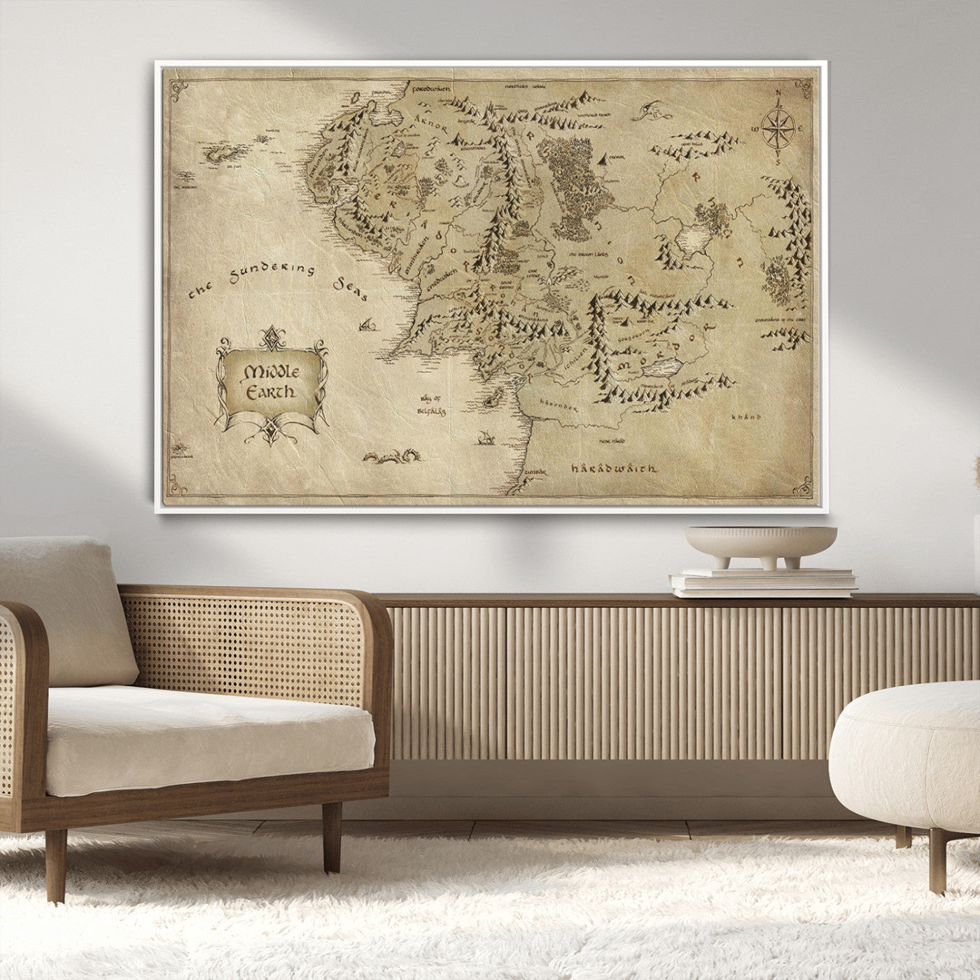 21784-MGV-CV-36X24-Vintage Middle Earth Map Wall Art Canvas – Lord of the Rings Inspired Framed Map Print, Classic Fantasy Decor for Home, Office