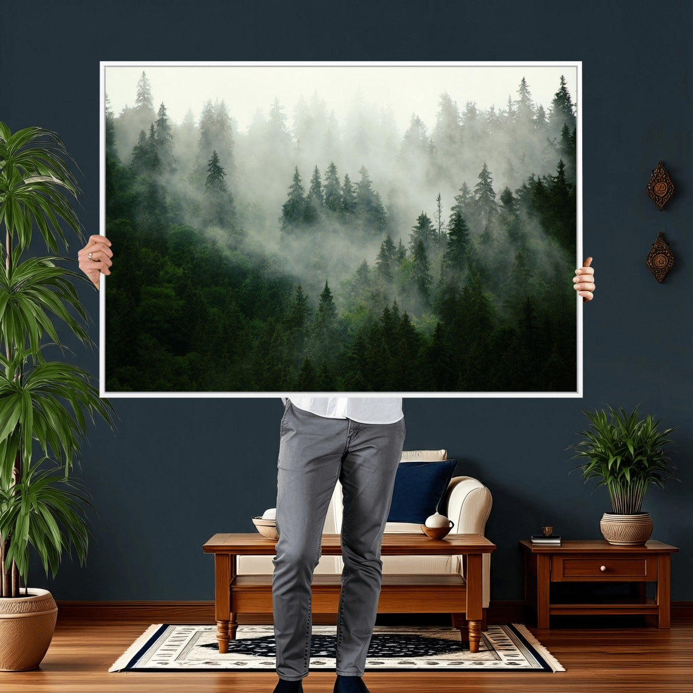 167720496-MGV-CV-36X24 - Misty Forest Mountain Wall Art Canvas | Large 3-Panel Foggy Landscape Canvas Print | Nature Misty