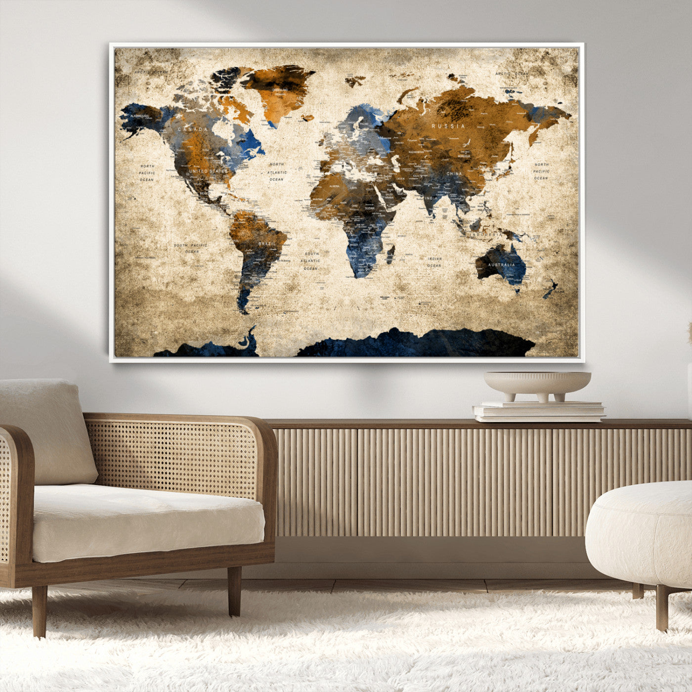51140-MGV-CV-36X24-World Map Wall Art – Antique Style Blue and Brown Map Canvas Print, Classic Travel Wall Decor for Home Office or Study Room