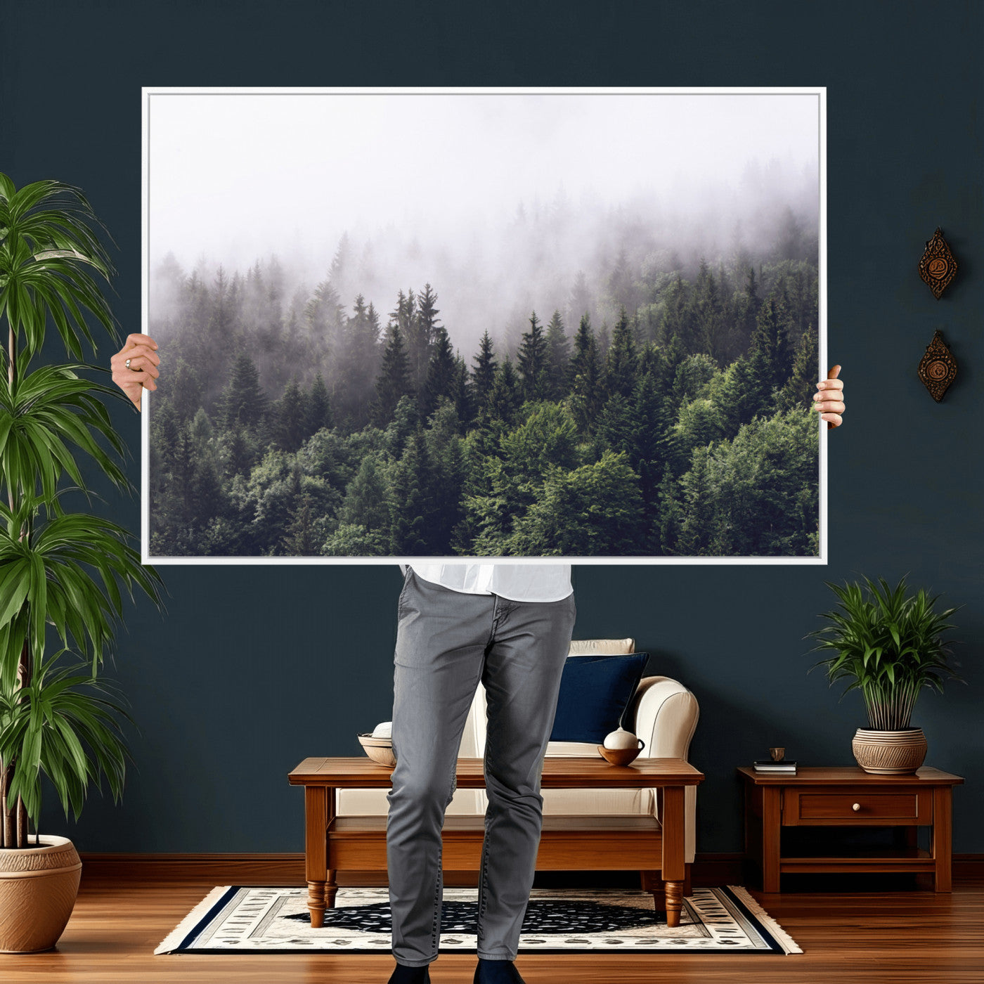 42578900-MGV-CV-36X24 - Misty Forest Canvas Wall Art – Serene Triptych Nature Print – Woodland Landscape Decor for Living