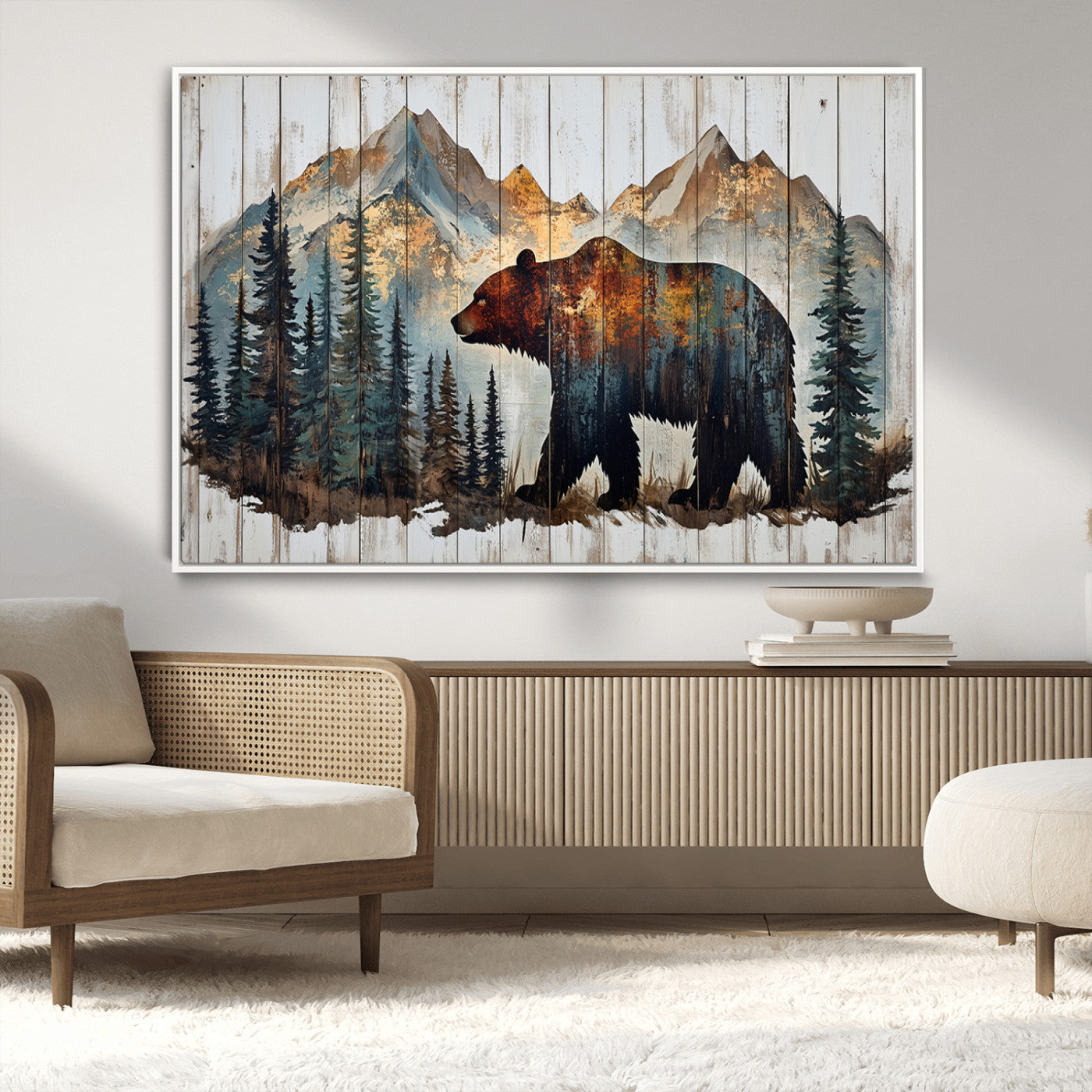 -Rustic Grizzly 399 Bear and Mountain Wood Canvas Wall Art - Framed Nature Artwork with Forest