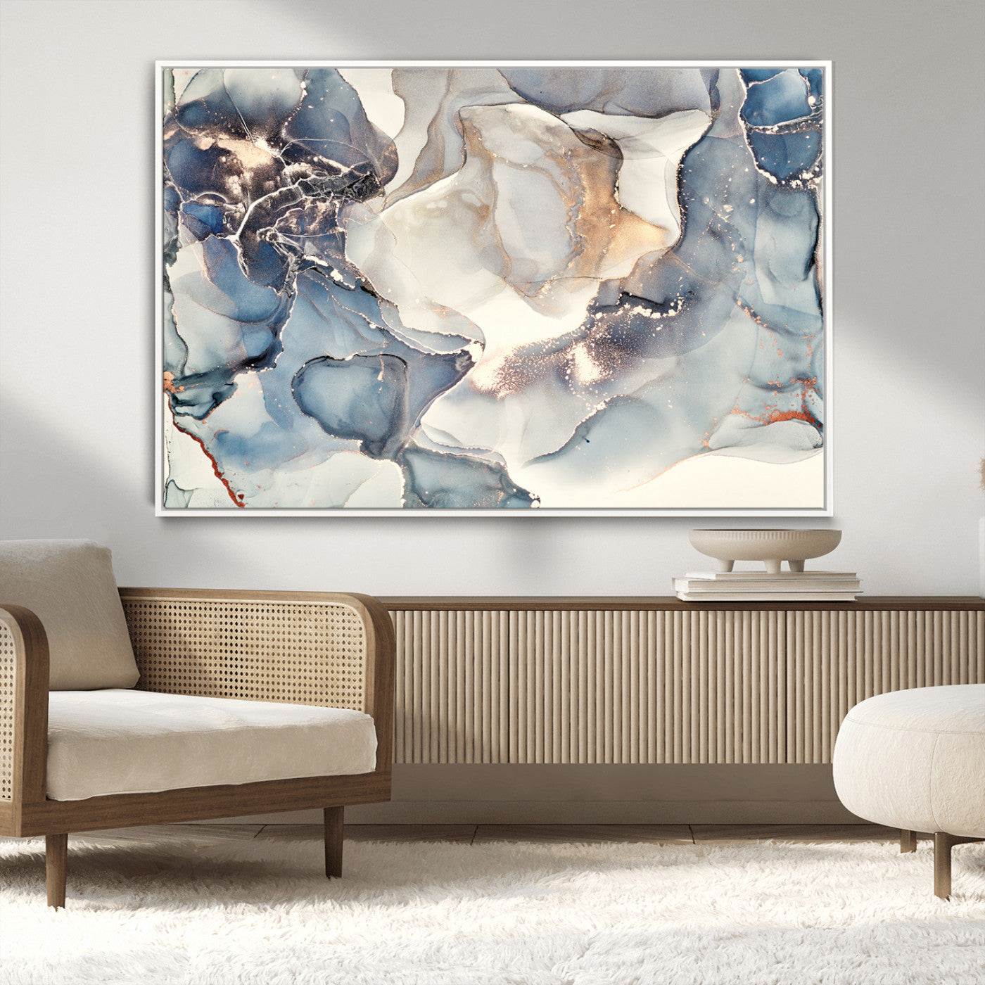 51497-MGV-CV-36X24-Abstract Blue and Gold Canvas Wall Art - Fluid Modern Ink Artwork - Modern Luxury Wall Decor for