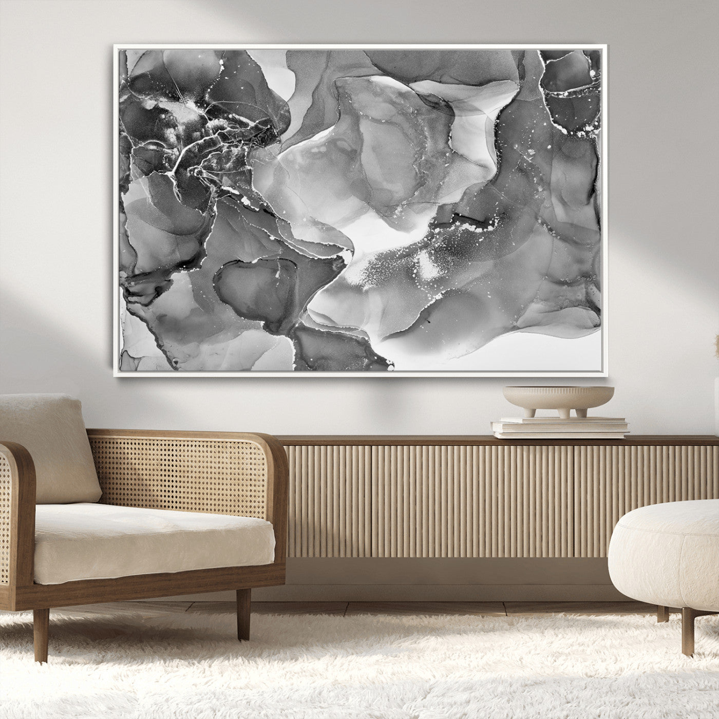 15911-MGV-CV-36X24-Black White Abstract Canvas Wall Art - Fluid Ink Artwork - Modern Luxury Wall Decor for Contemporary