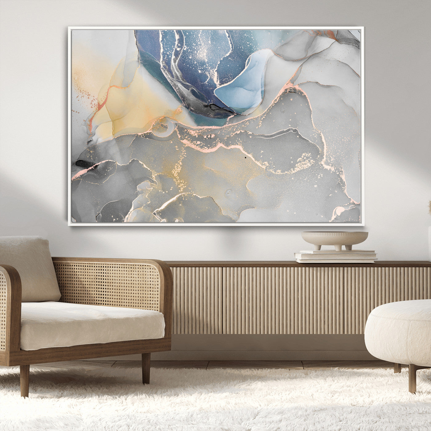 18176-MGV-CV-36X24-Large Abstract Blue and Gold Canvas Wall Art | Fluid Ink Artwork Print | Luxury Wall Decor for