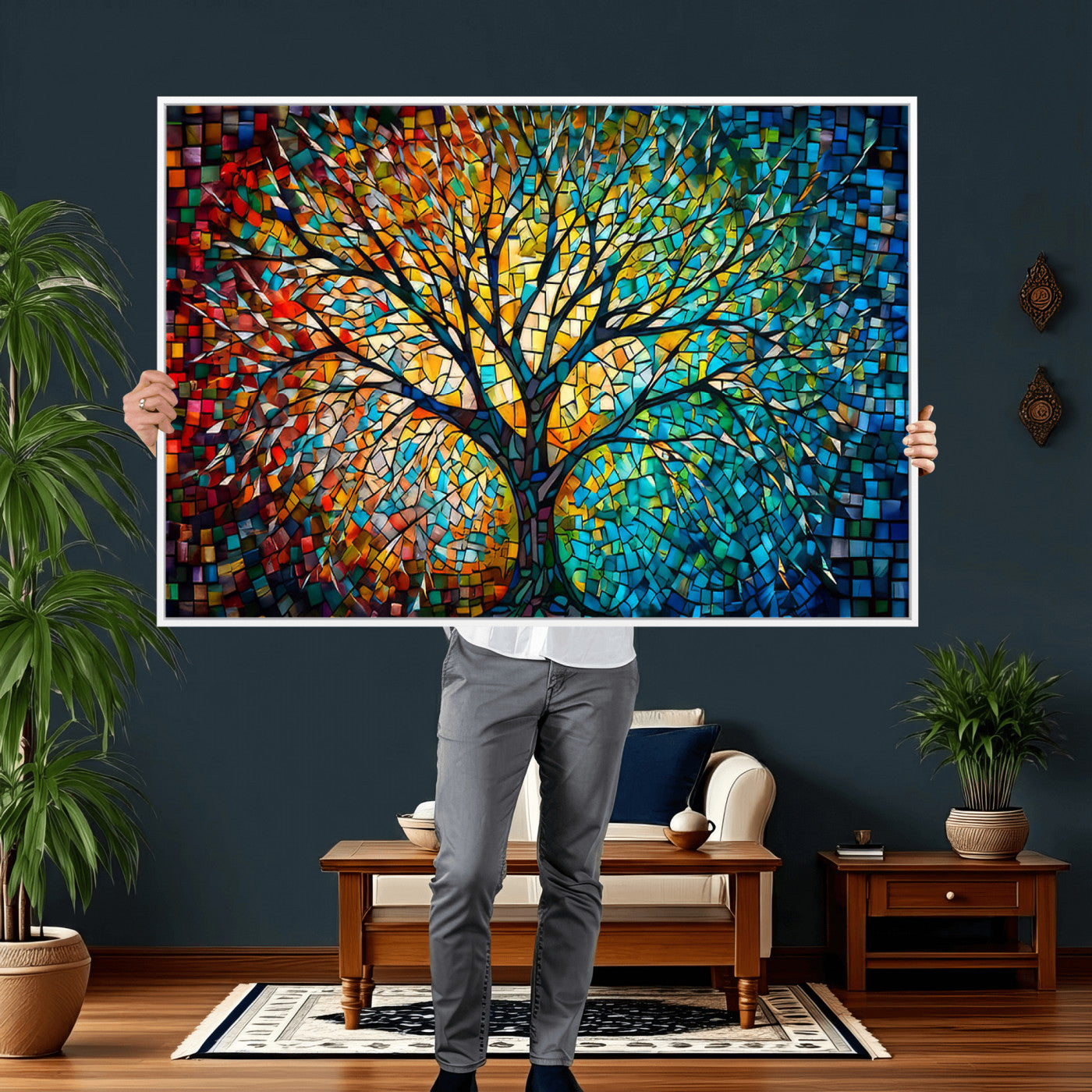 99325-MGV-CV-36X24 - Yggdrasil Tree of Life Wall Art Print Canvas | Mosaic Style 3-Panel Canvas Print