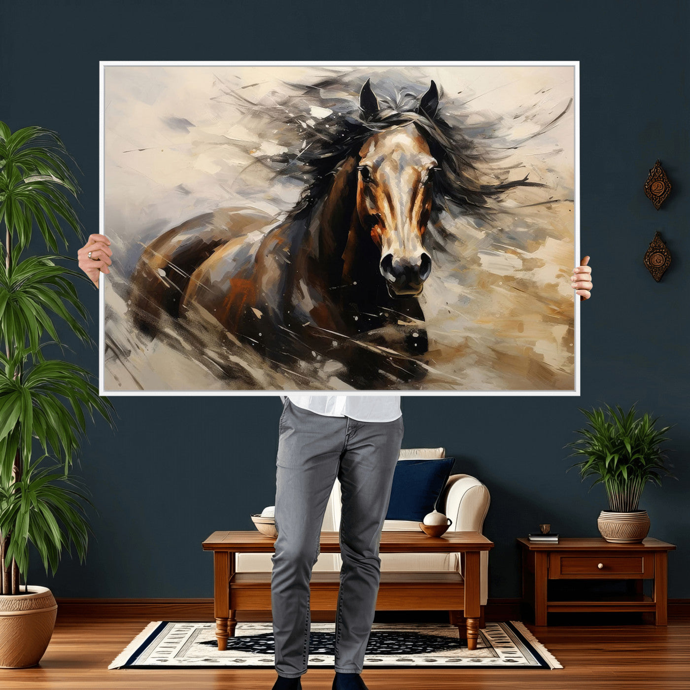 53001-MGV-CV-36X24 - Abstract Wall Art Horse Print - Large Western Horse Canvas - Farmhouse Woodland Wall Art - Framed
