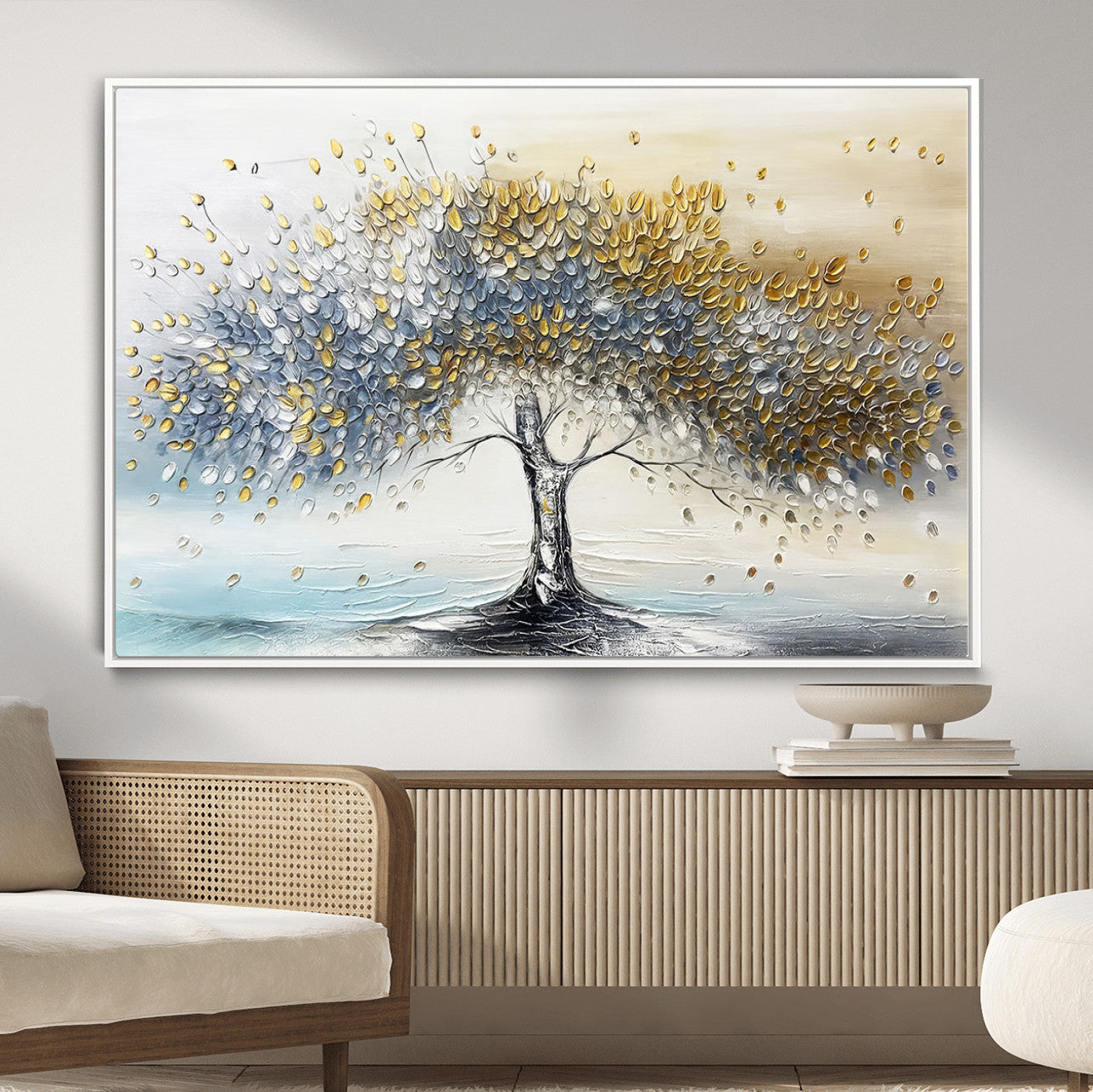 37744-MGV-CV-36X24-Golden and Silver Tree Wall Art – Framed Elegant Leaves Canvas Artwork, Modern Nature Design, Decor for Home, Office