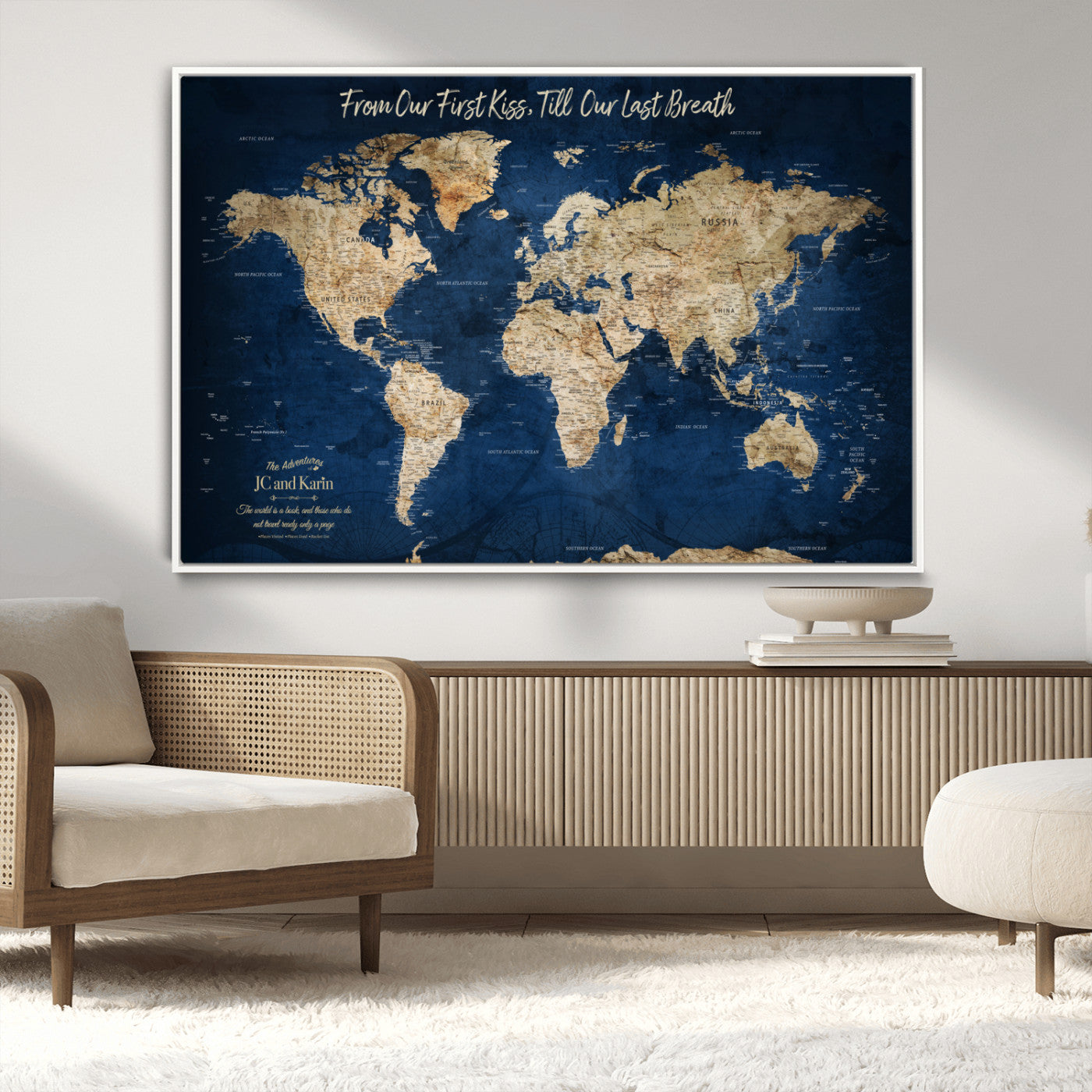 -Personalized Push Pin World Map Canvas Print – Custom Couple Travel Tracker Wall Art, Framed Anniversary Gift for Home Decor