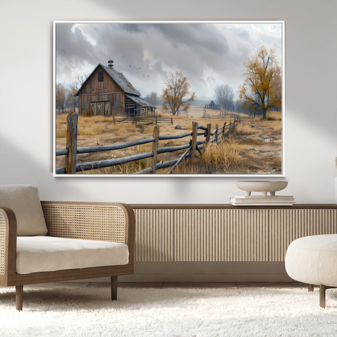 Farm1-MGV-CV-36X24-Rustic Autumn Farmhouse Wall Art Canvas Print – Serene Countryside Scene with Weathered Barn and
