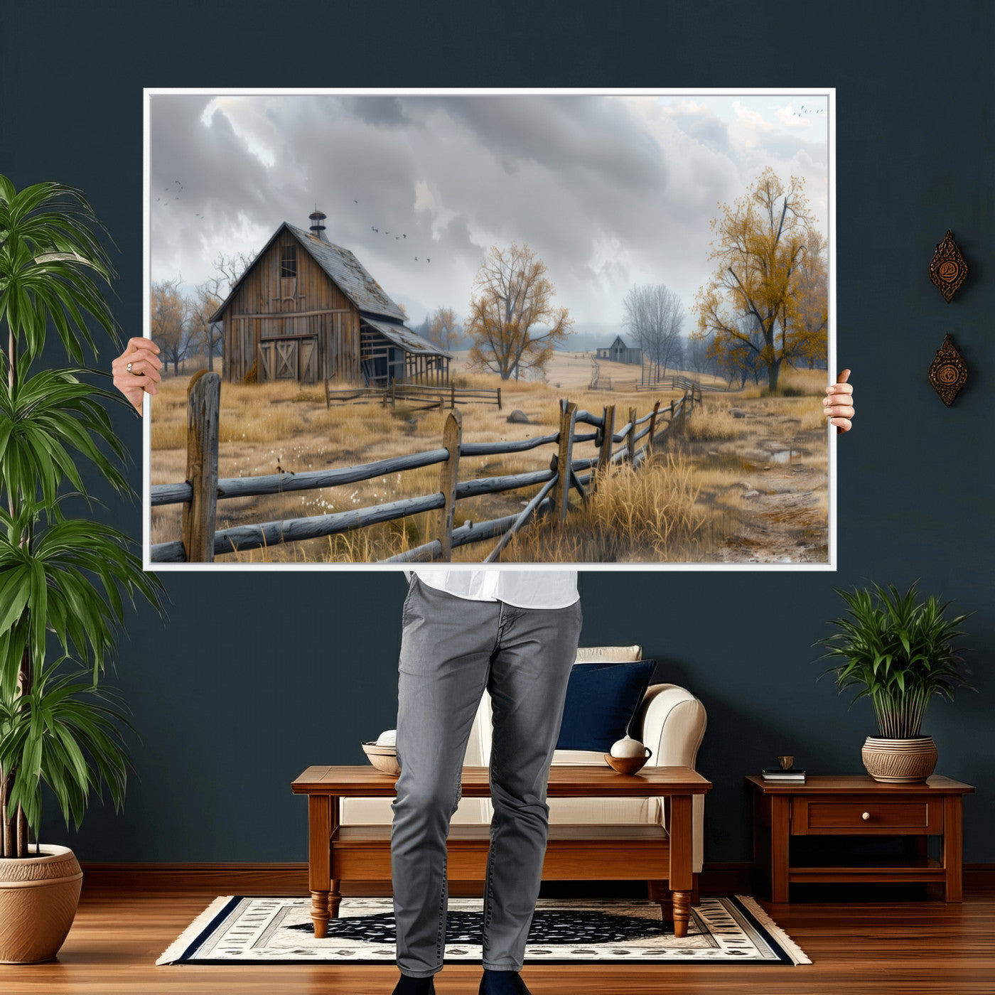 Farm1-MGV-CV-36X24 - Rustic Autumn Farmhouse Wall Art Canvas Print – Serene Countryside Scene with Weathered Barn and