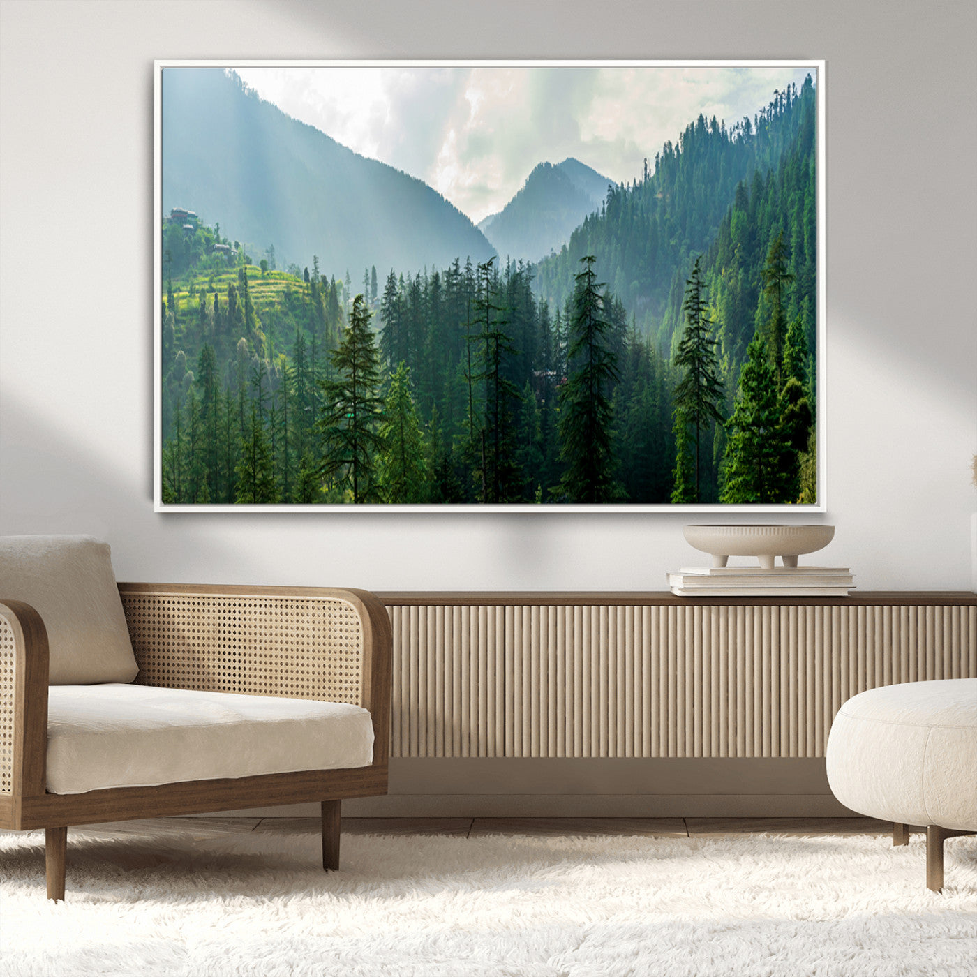 83417191-MGV-CV-36X24-Misty Forest Mountain Wall Art Canvas Print – Framed Serene Nature Scene with Tranquil Valley Artwork for Home, Office