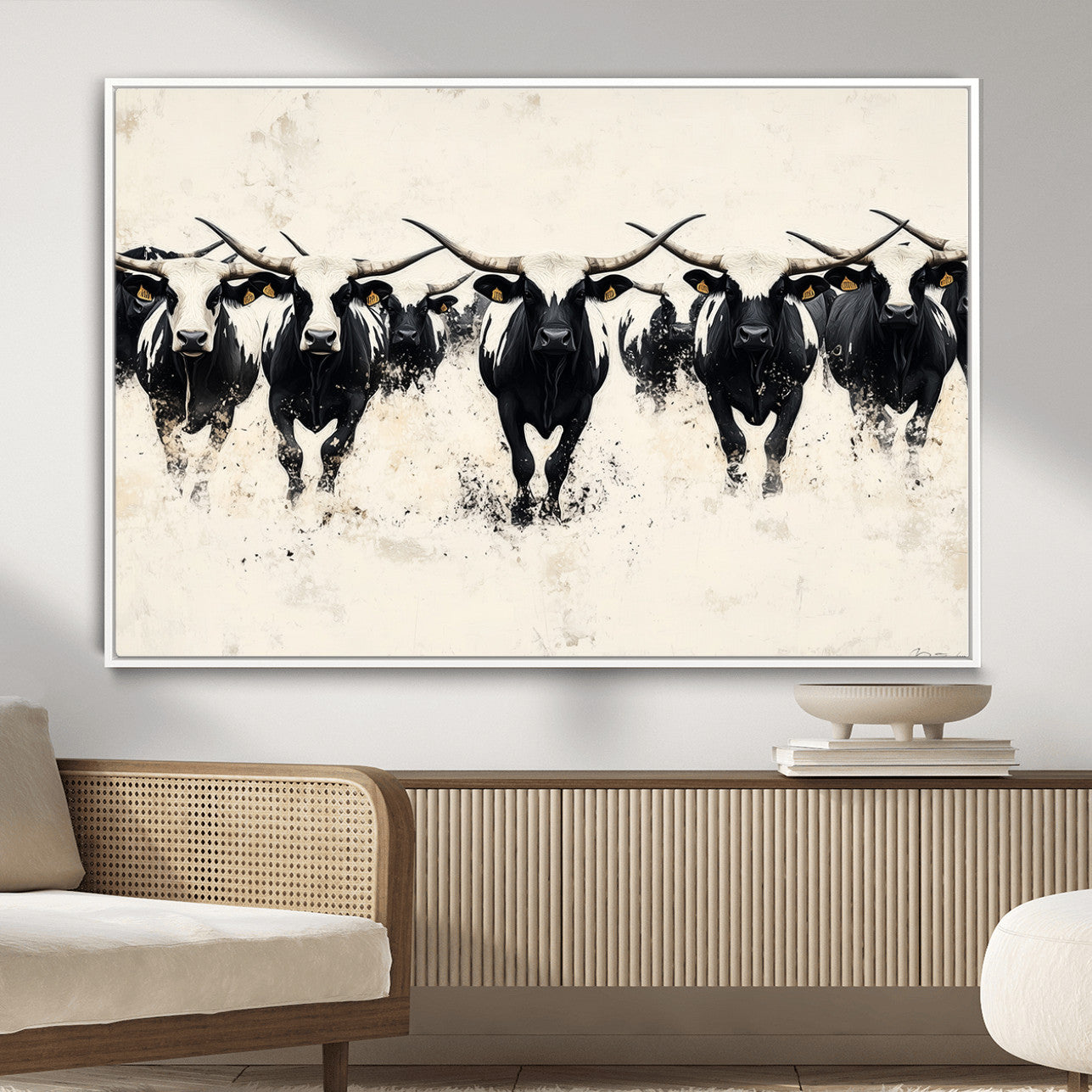 MGV-FC-36X24 - Longhorn Cattle Wall Art – Canvas Print of Herd in Motion, Symmetry and Ink Splatter, Minimalist Western Ranch, Bold Rustic Farm Decor