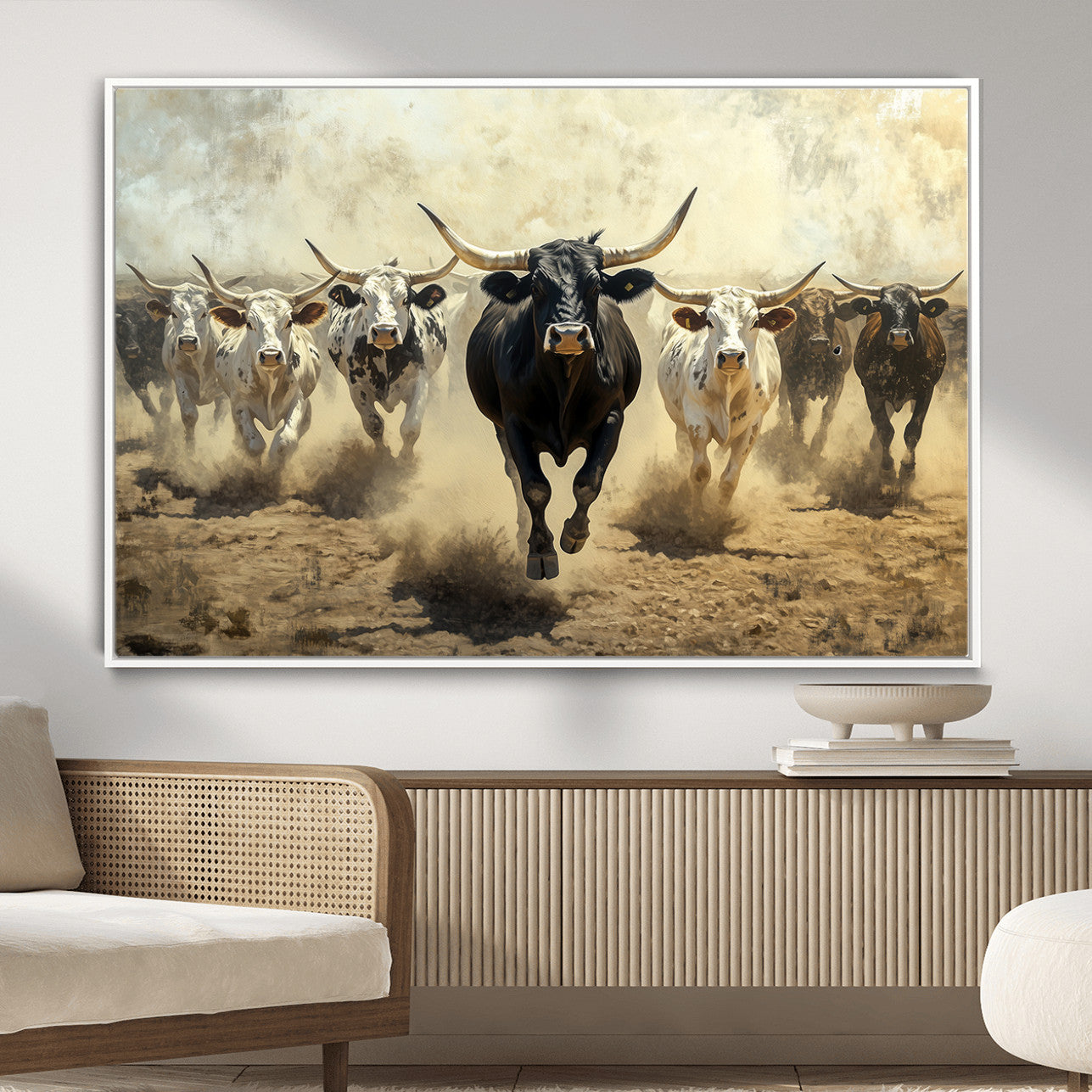 MGV-FC-36X24 - Running Cattle Wall Art – Canvas Print of Western Herd, Dust Stampede, Longhorns, Wild West Ranch, Bold Rustic Farm Decor for Home or Office