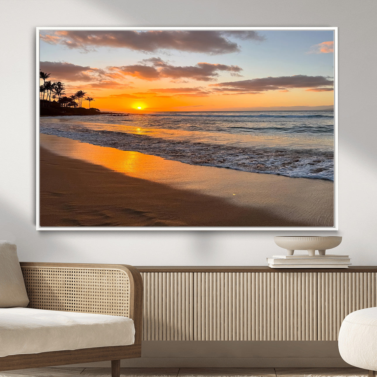 MGV-FC-36X24 - Sunset Glow Wall Art – Canvas Print of Ocean Breeze, Golden Sand, Tropical Palm Silhouettes, Tranquil Waves, Beach Nature Decor for Home