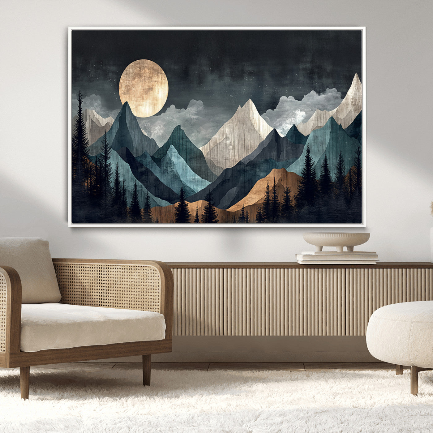 11060882-MGV-CV-36X24-Moonlit Mountain Wall Art Canvas Print – Silhouetted Pines Layered Peaks Tranquil Sky Mist Silver Light Nature Artwork for Home