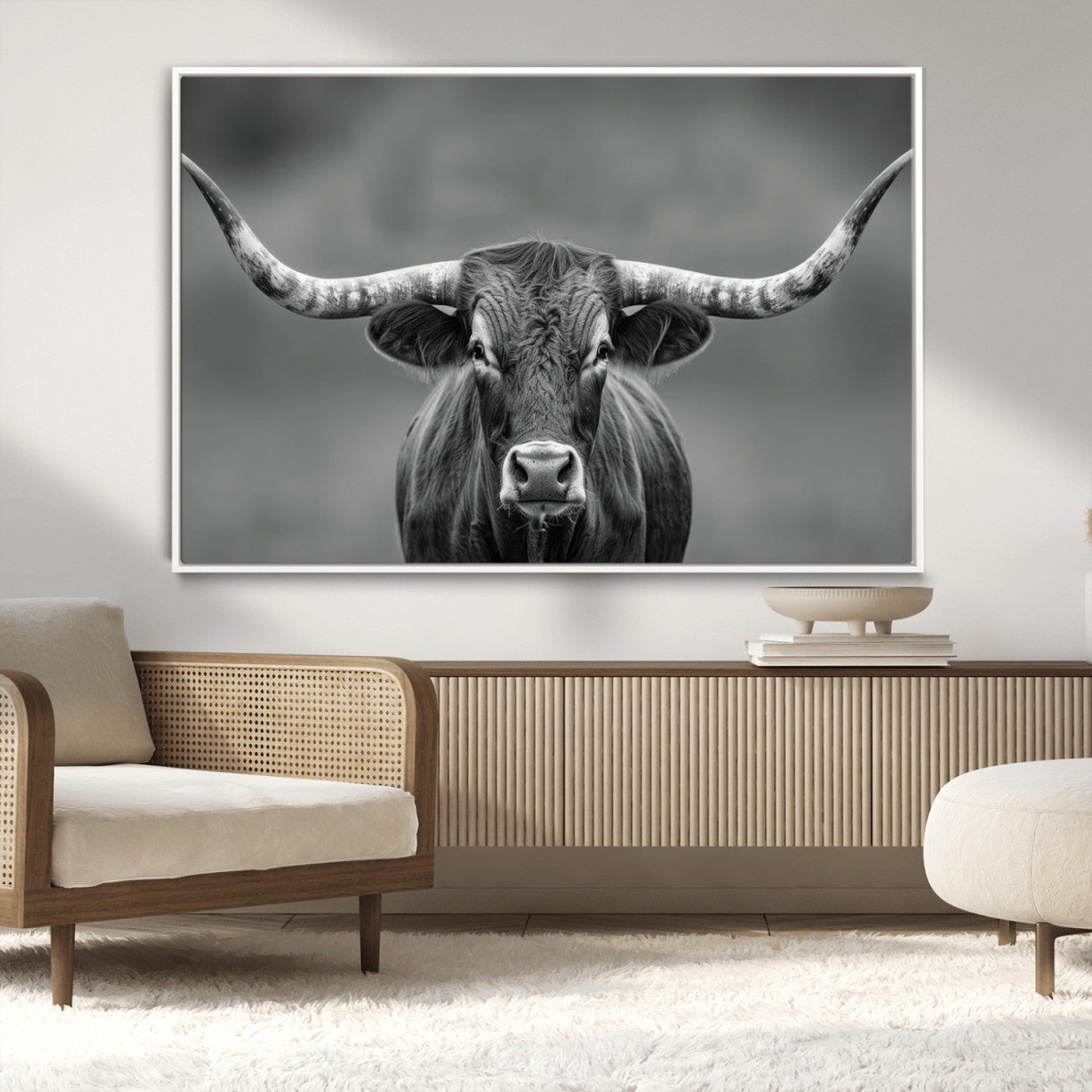 -Framed Texas Longhorn Bull Art Canvas Print, Western Bull Wall Art Print, Long Horn Bull Photo Print