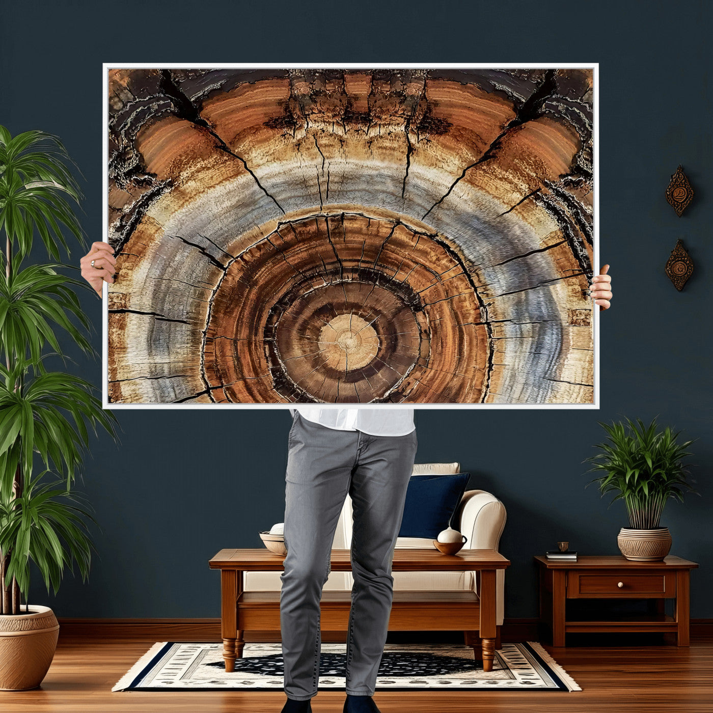 15184146-MGV-CV-36X24 - Tree Rings Wall Art Canvas Print, Framed Wood Texture Art Picture Print, Rustic Pattern Perfect Rustic Organic Decor Artwork