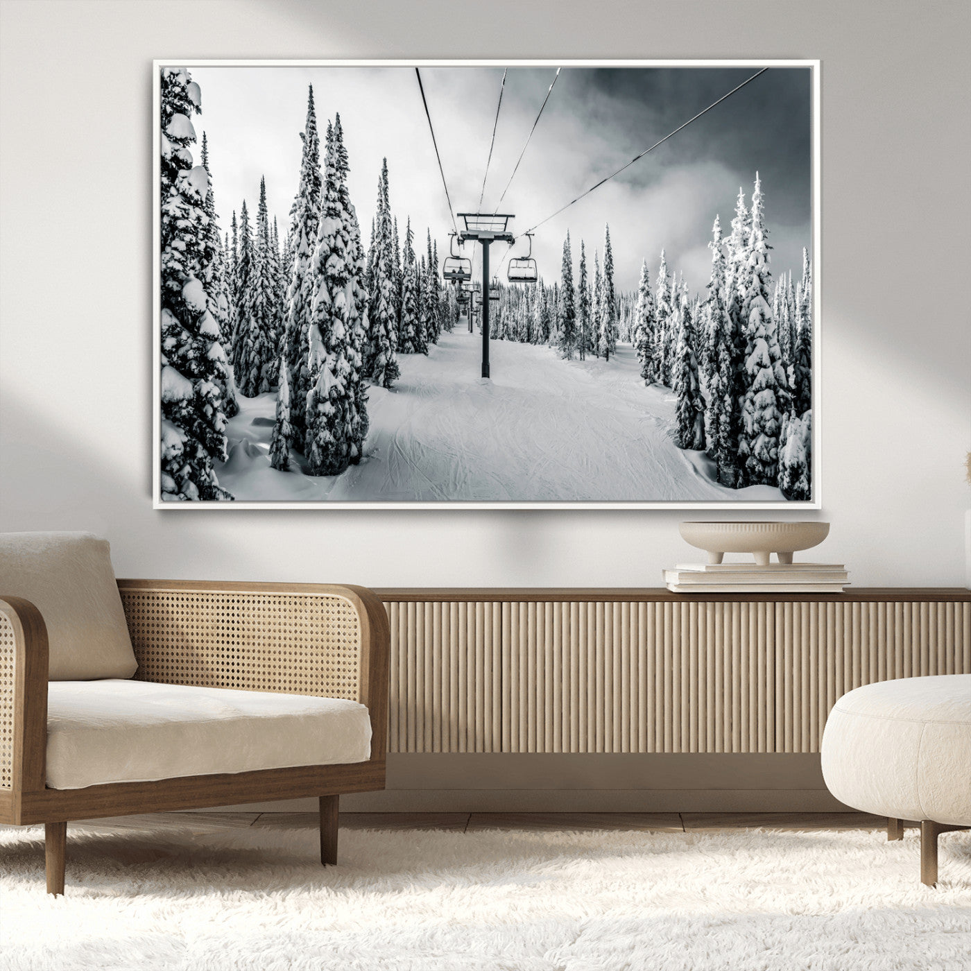 31156828-MGV-CV-36X24-Snowy Pines Wall Art Canvas Print – Framed Ski Lift Winter Forest Snowy Landscape Moody Lodge Artwork for Home, Office