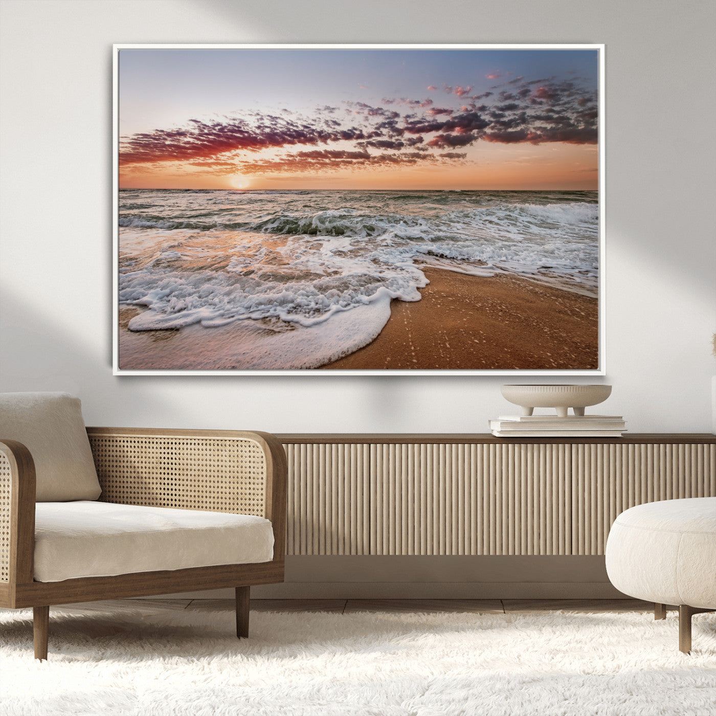 39846389-MGV-CV-36X24-Ocean Sunset Wall Art Canvas Print – Framed Sandy Shore Gentle Waves Coastal Landscape Minimalist Artwork for Home, Office