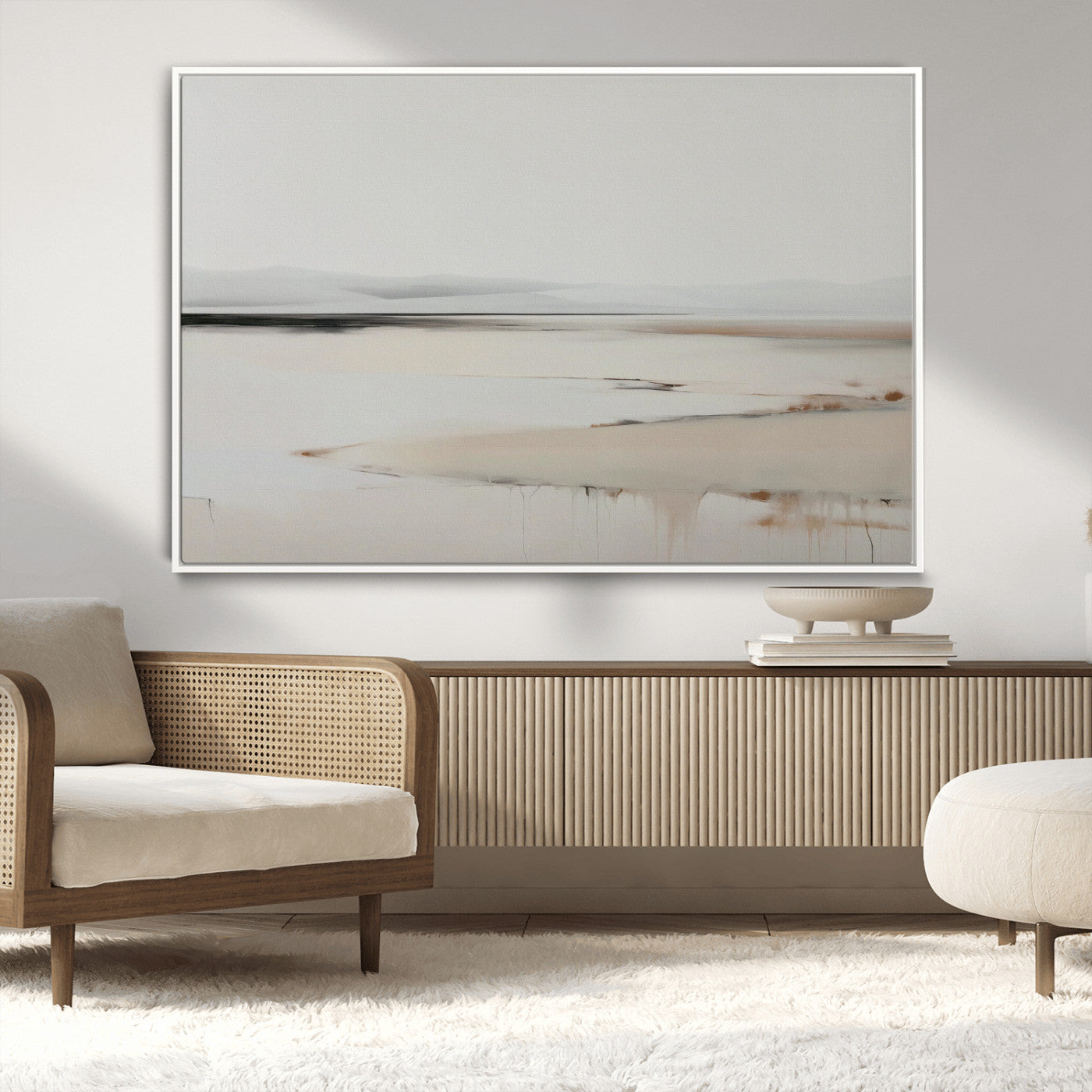 89410095-MGV-CV-36X24-Minimalist Landscape Wall Art Canvas Print – Framed Soft Horizon Abstract Seascape Earthy Tones Artwork for Home Office