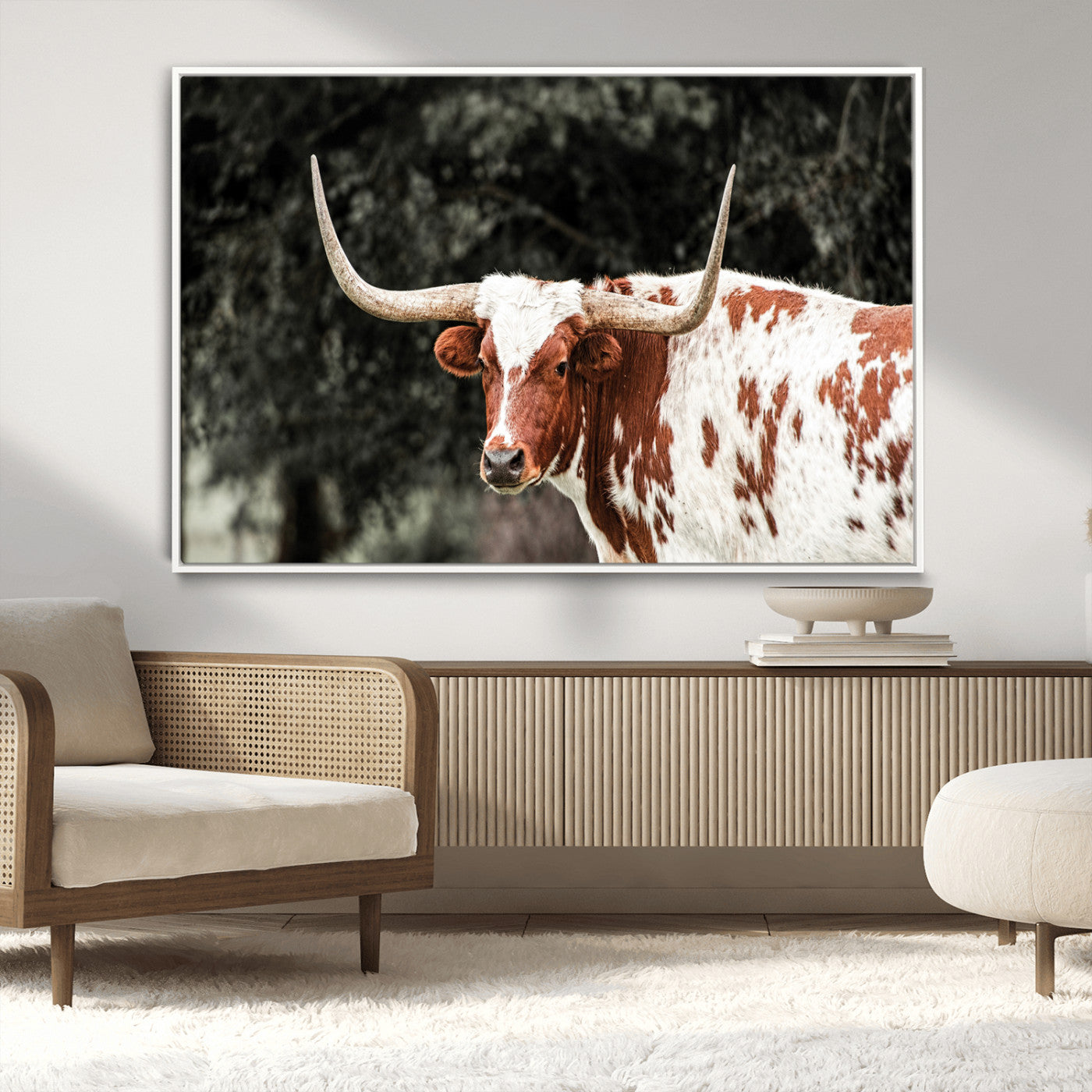 54027638-MGV-CV-36X24-Texas Longhorn Wall Art Canvas Print – Framed Spotted Bull Horned Cattle Rustic Western Decor Artwork for Home, Office