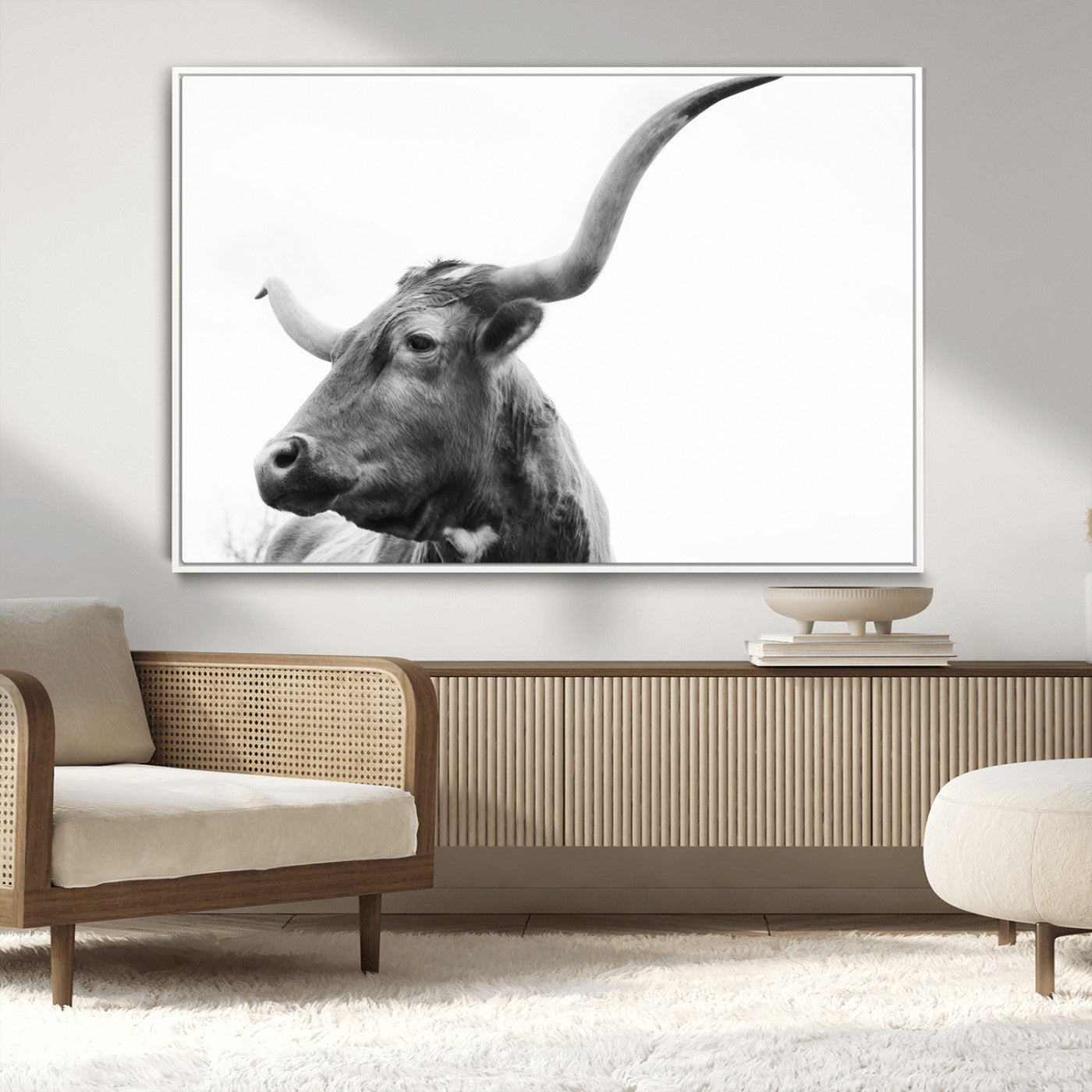 -Longhorn Wall Art Wall Art Canvas Print, Framed Modern Ranch Style Art Art Picture Print, Monochrome Cow Print Perfect Rustic Western Decor Artwork