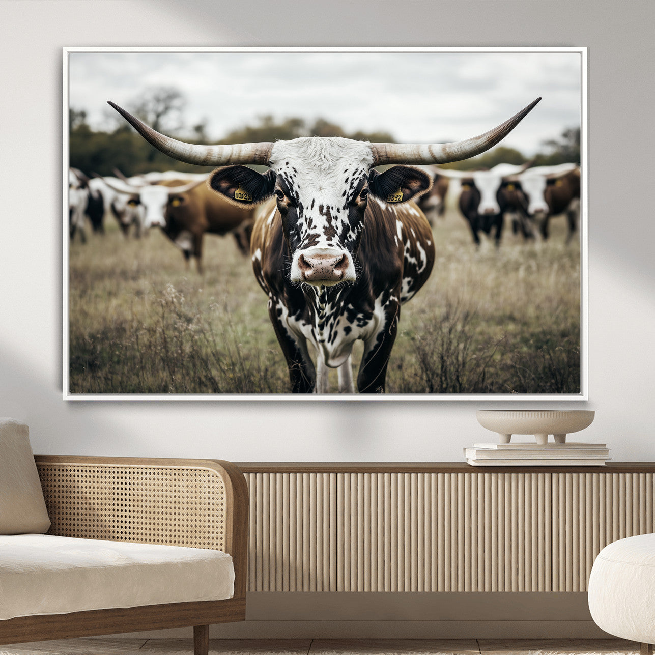 MGV-FC-36X24 - Majestic Longhorn Cow Wall Art – Canvas Print of Intricate Fur & Sharp Horns Earthy Tones Serene Landscape, Rustic Charm Decor for Living Room, Office or Bedroom