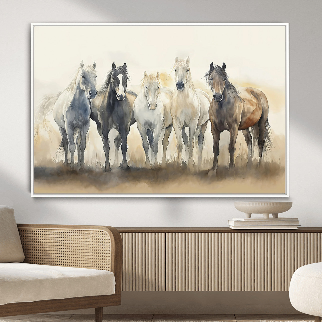 MGV-FC-36X24 - Wild Horses Wall Art Canvas Print, Framed Running Horses Art Picture Print, Watercolor Horses Perfect Rustic Western Decor Artwork