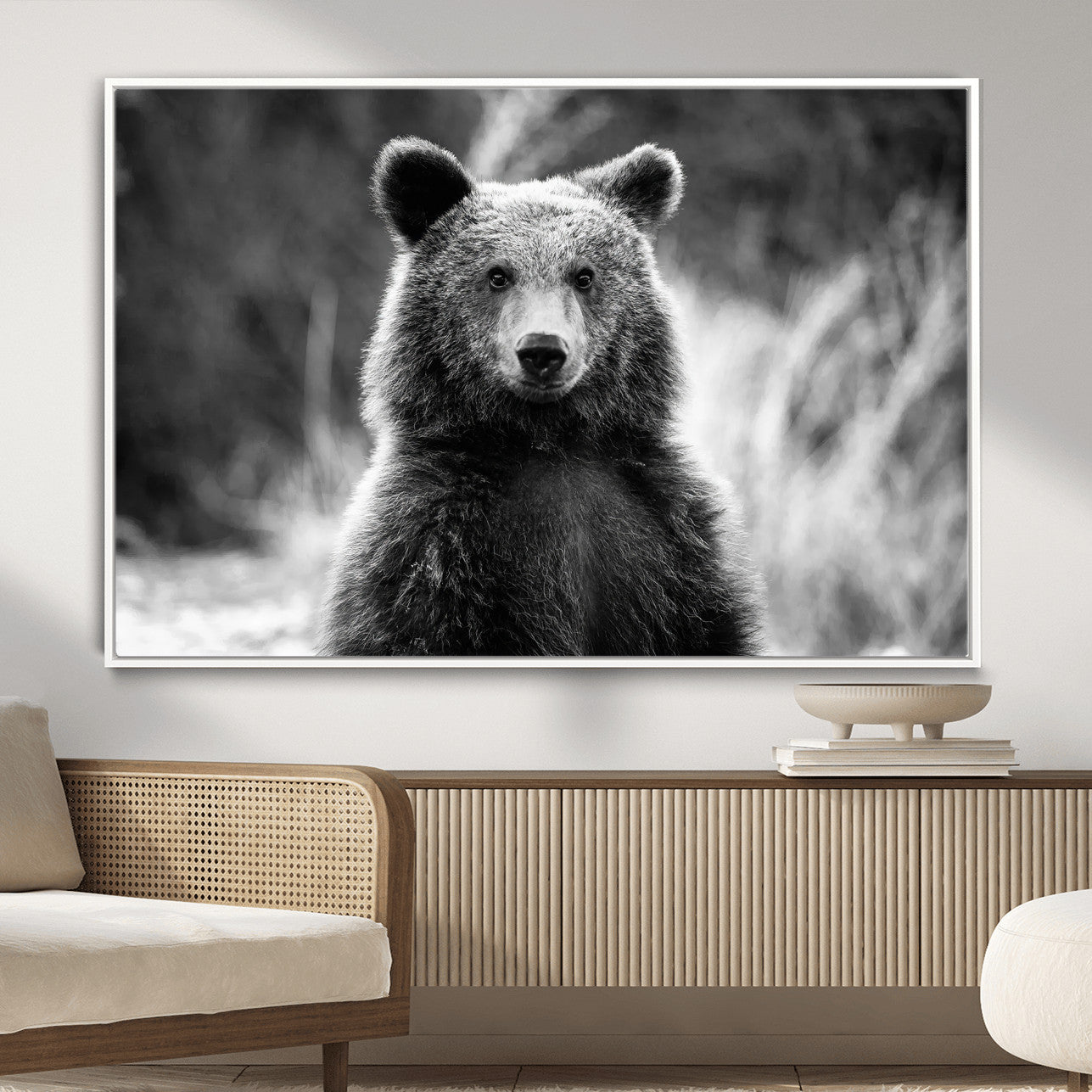 55656803-MGV-CV-36X24-Grizzly Bear Wall Art Canvas Print – Framed Black White Wildlife Rustic Nature Artwork for Home, Office Decor
