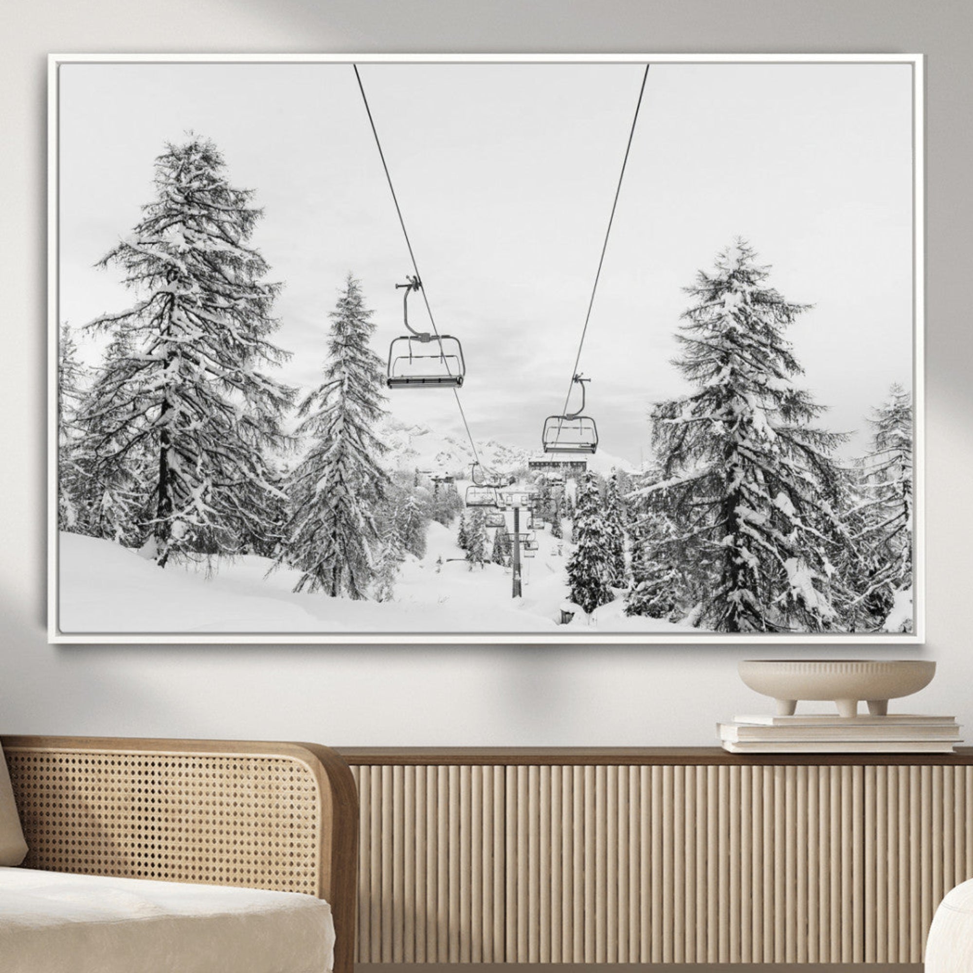 55003599-MGV-CV-36X24-Ski Lift Wall Art – Framed Snowy Mountain Canvas Artwork, Winter Forest Design, Minimal Nature Decor for Home, Office
